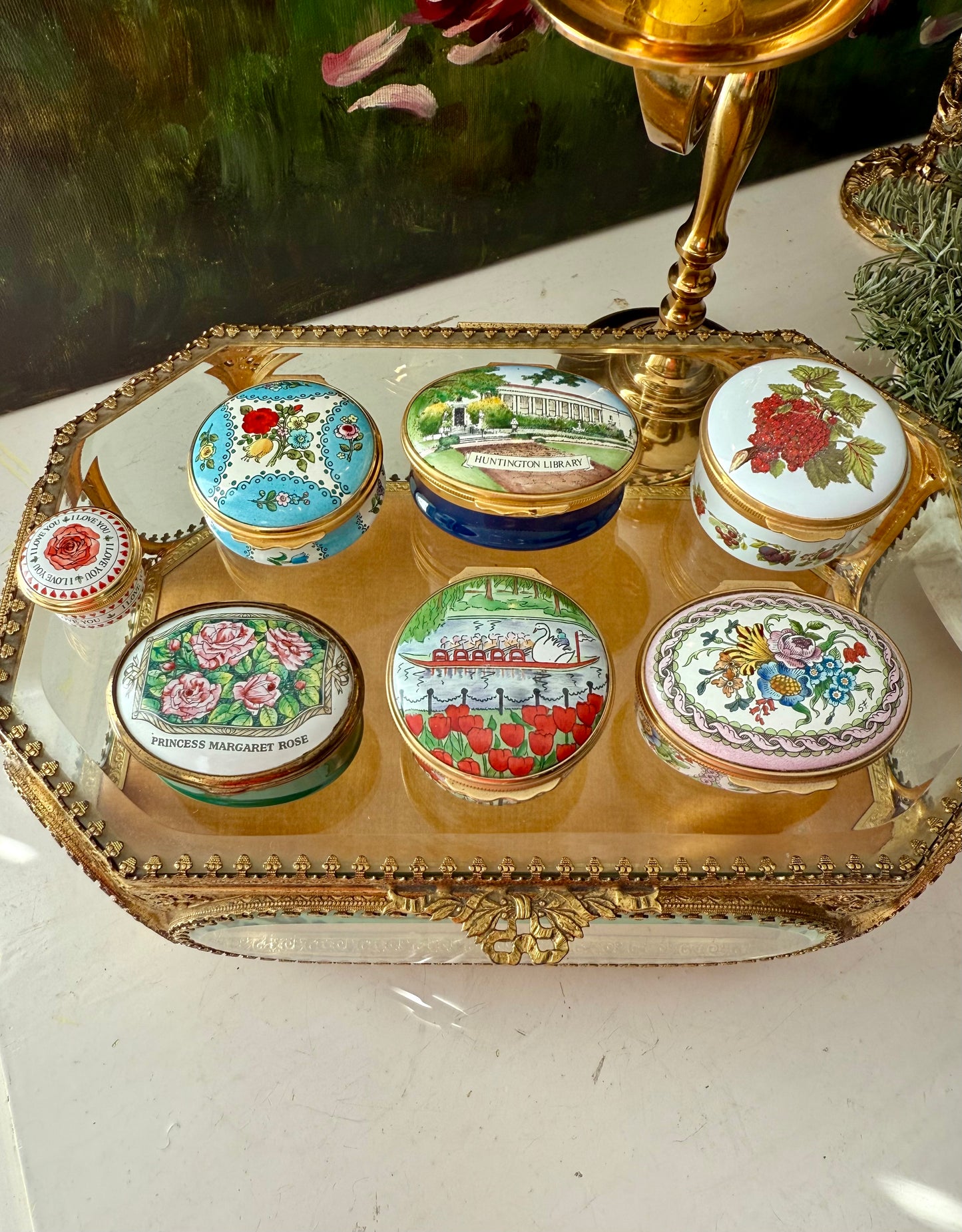 Halcyon Days Vintage Hand-Painted Enamel Floral Jewelry or Trinket Box, Made in England