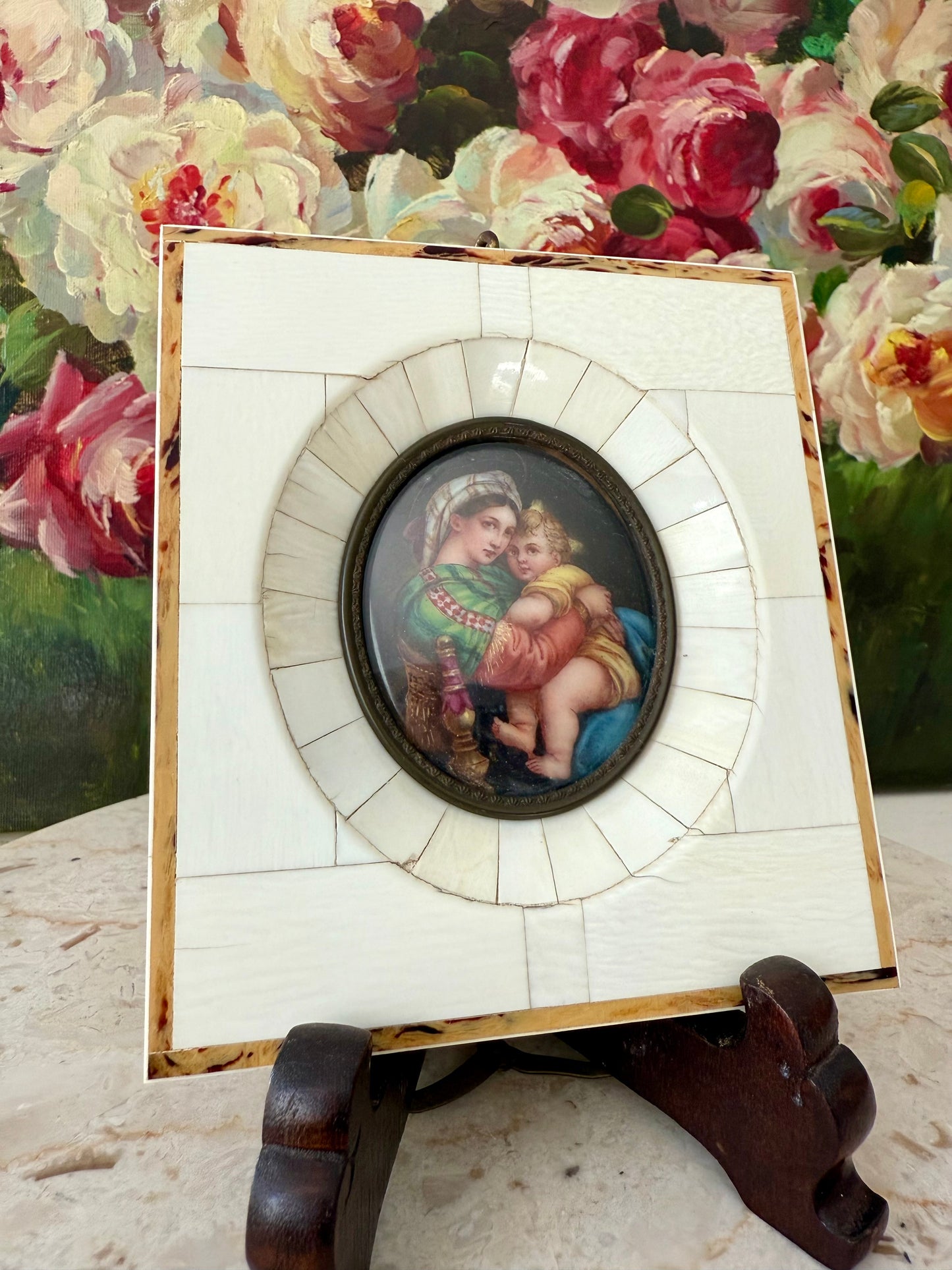 Antique Italian Miniature Porcelain Plaque Hand-painted Madonna and Child in Bone Frame