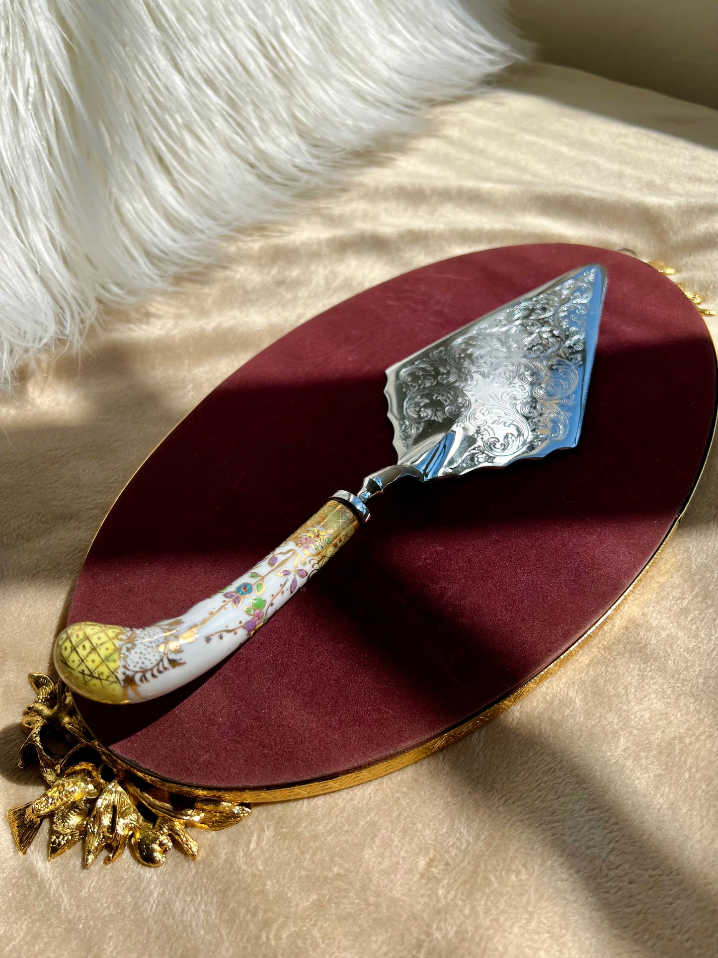 Italian Silver Plate Cake Server with Hand Painted Porcelain Handle