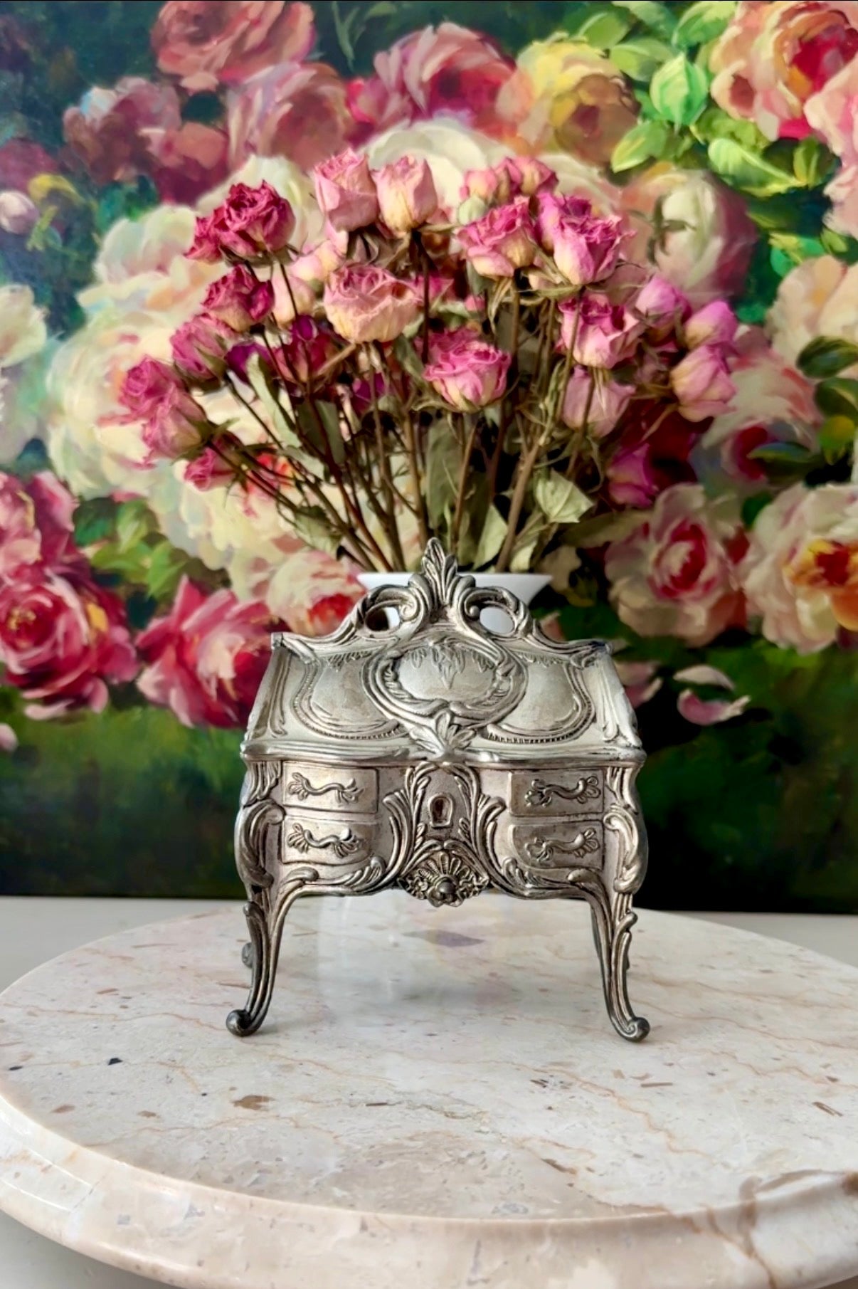 Antique Art Nouveau French Style Silver Plated Jewelry Casket Velvet Lined Romantic Trinket Box