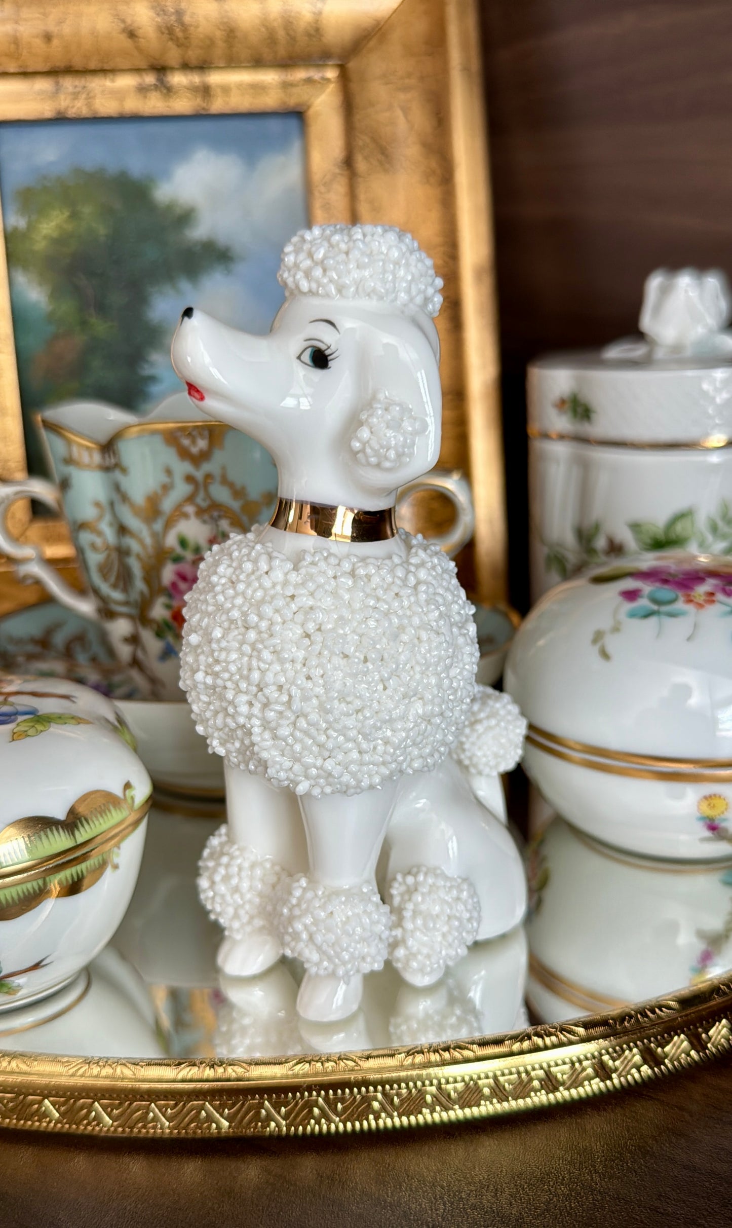 Vintage White Porcelain Spaghetti or Sugar Poodle Figurine Dog, Numbered - Made in Japan