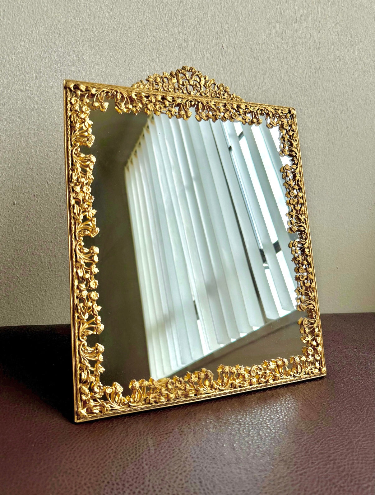 Antique/ Vintage French Victorian Style Gold-gilded Brass Framed Wall or Table Mirror with Flowers Decoration on the Frame