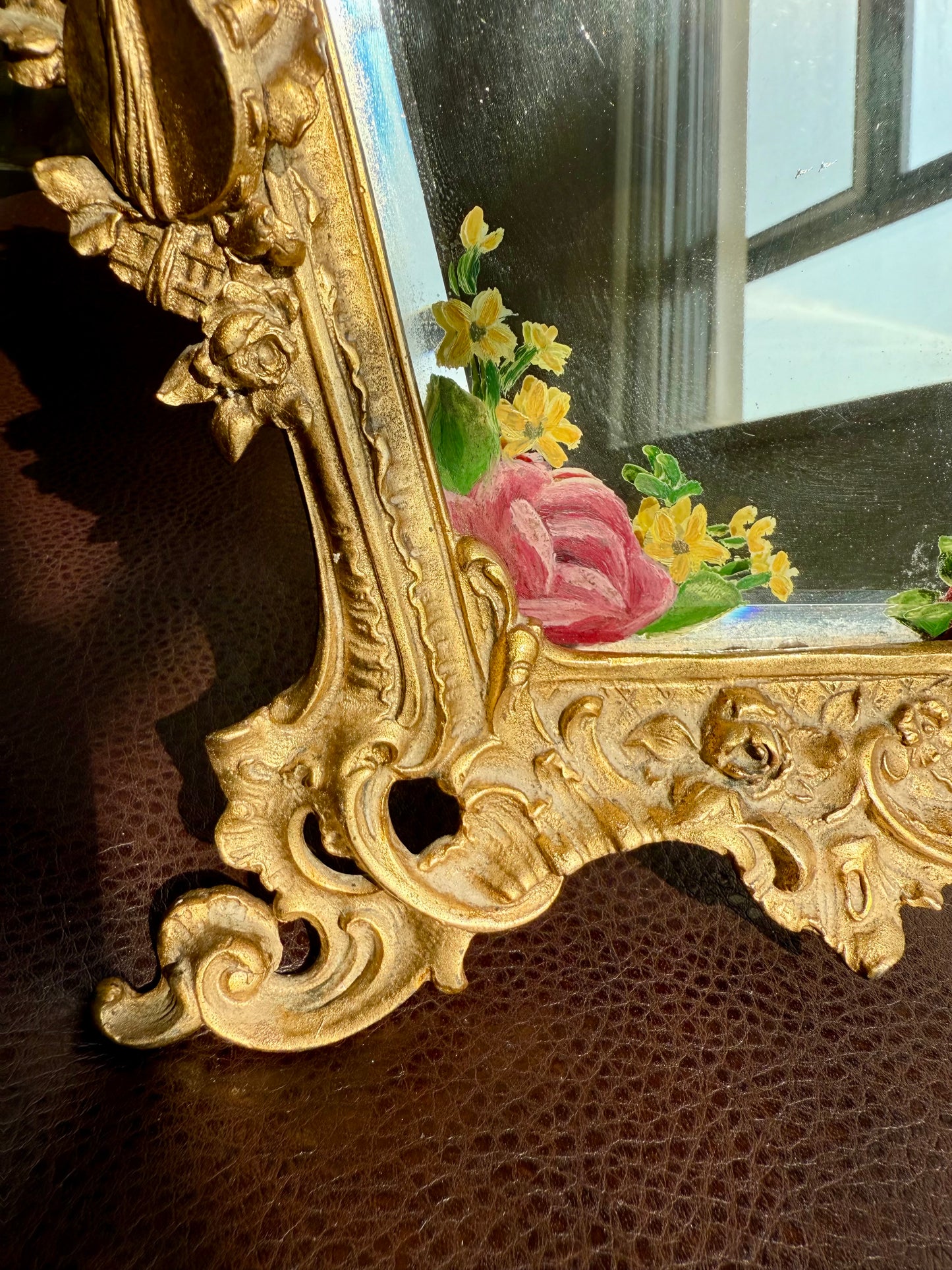 Antique Italian Rococo-Style Table Mirror with Gilded Frame, Featuring Putti (cherubs) Decor and Floral Painting