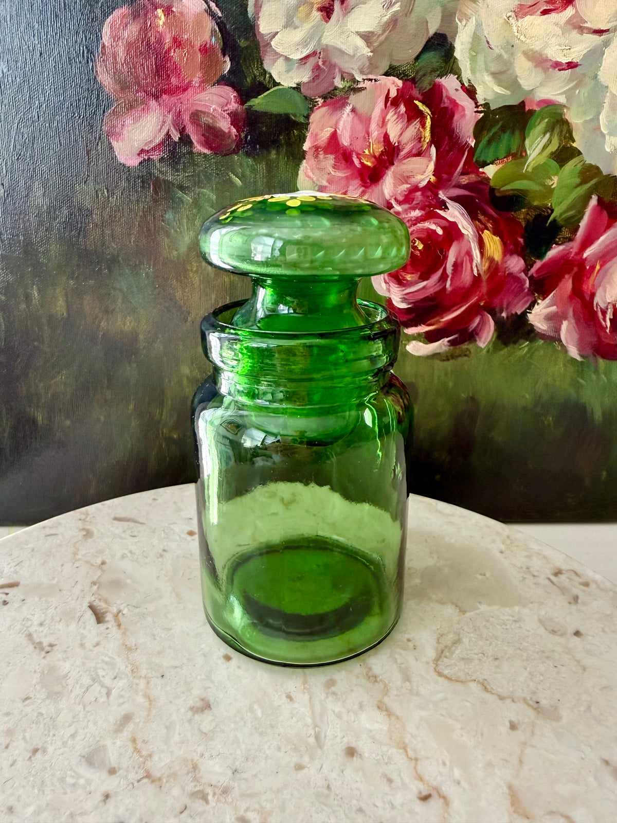 Emerald Green Vintage Belgium Apothecary Jar Glass with Handmade Floral Painting on the Bubble Top Lid