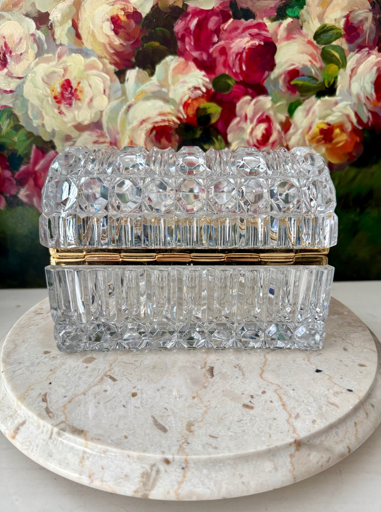 1960s Baccarat Style Heavy Cut Crystal Large Lidded Vintage Jewelry or Trinket Box/ Casket with Brass Frame