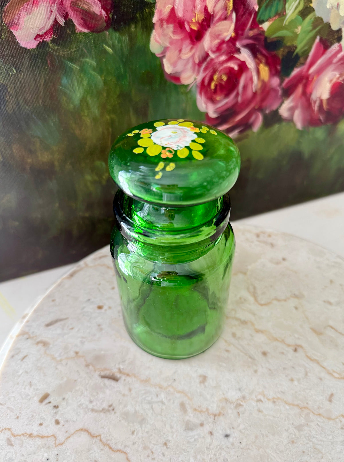 Emerald Green Vintage Belgium Apothecary Jar Glass with Handmade Floral Painting on the Bubble Top Lid