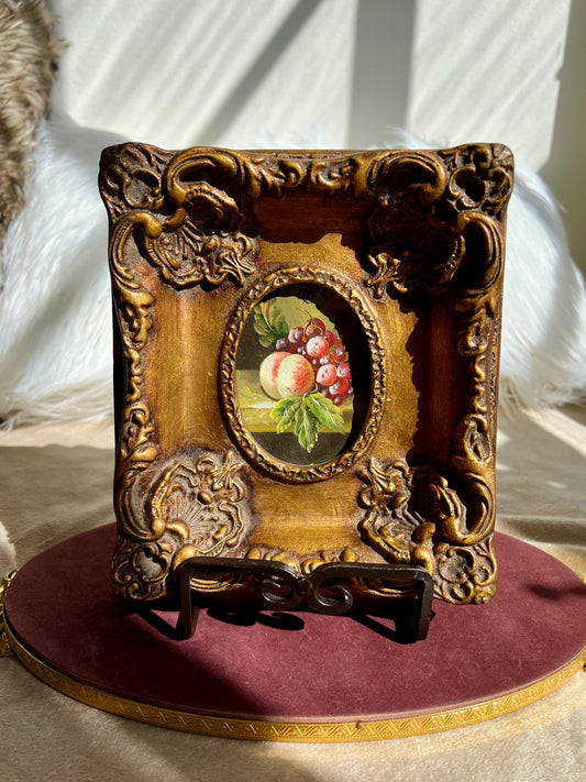 Peach and Grapes Miniature Oil Painting Wall Art With Gilded Wooden Frame