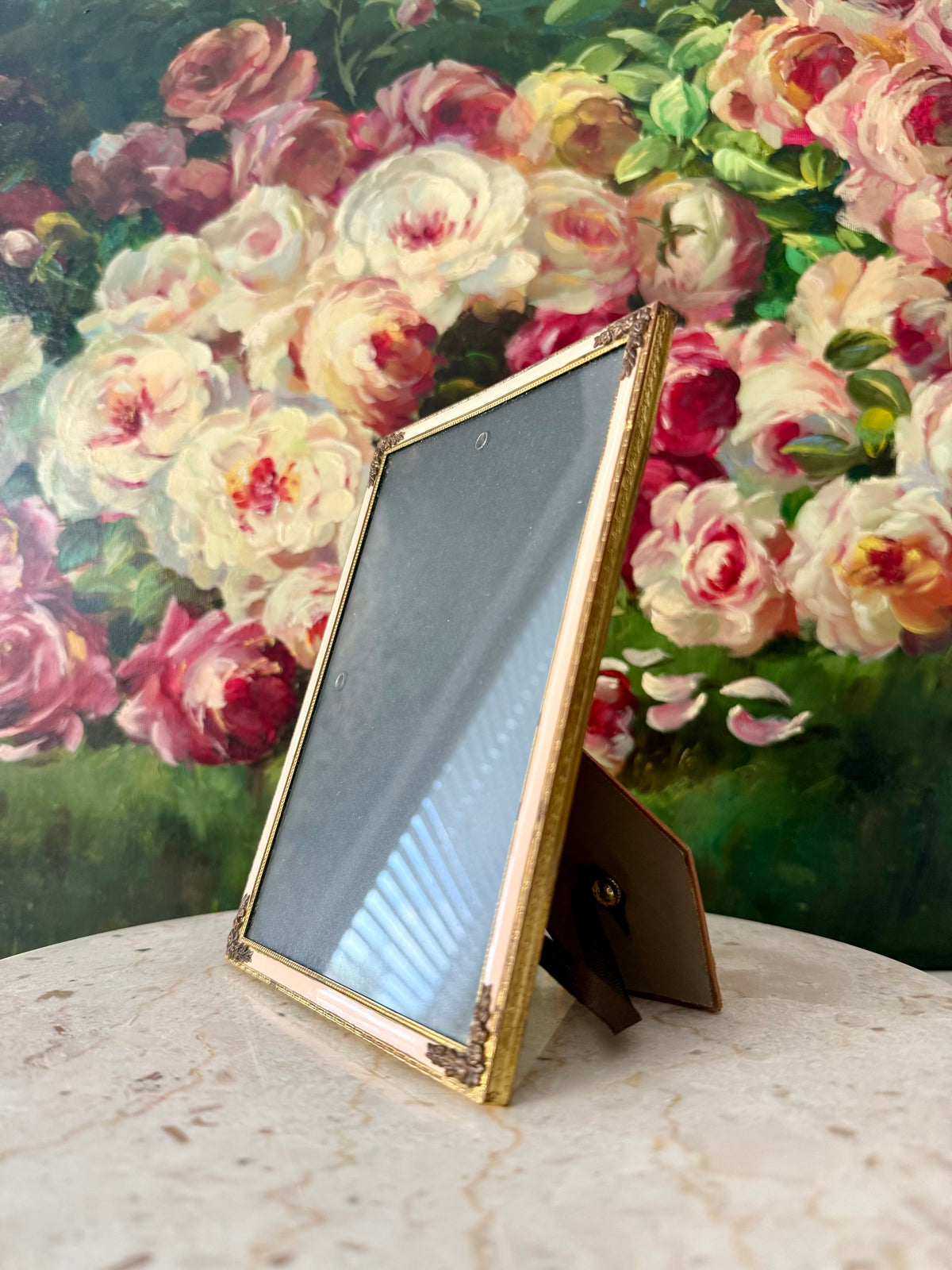 Elegant Gold-tone Classic Leaf and Floral Motif and Pastel Pink Enamel Style Vintage Photo or Picture Frame