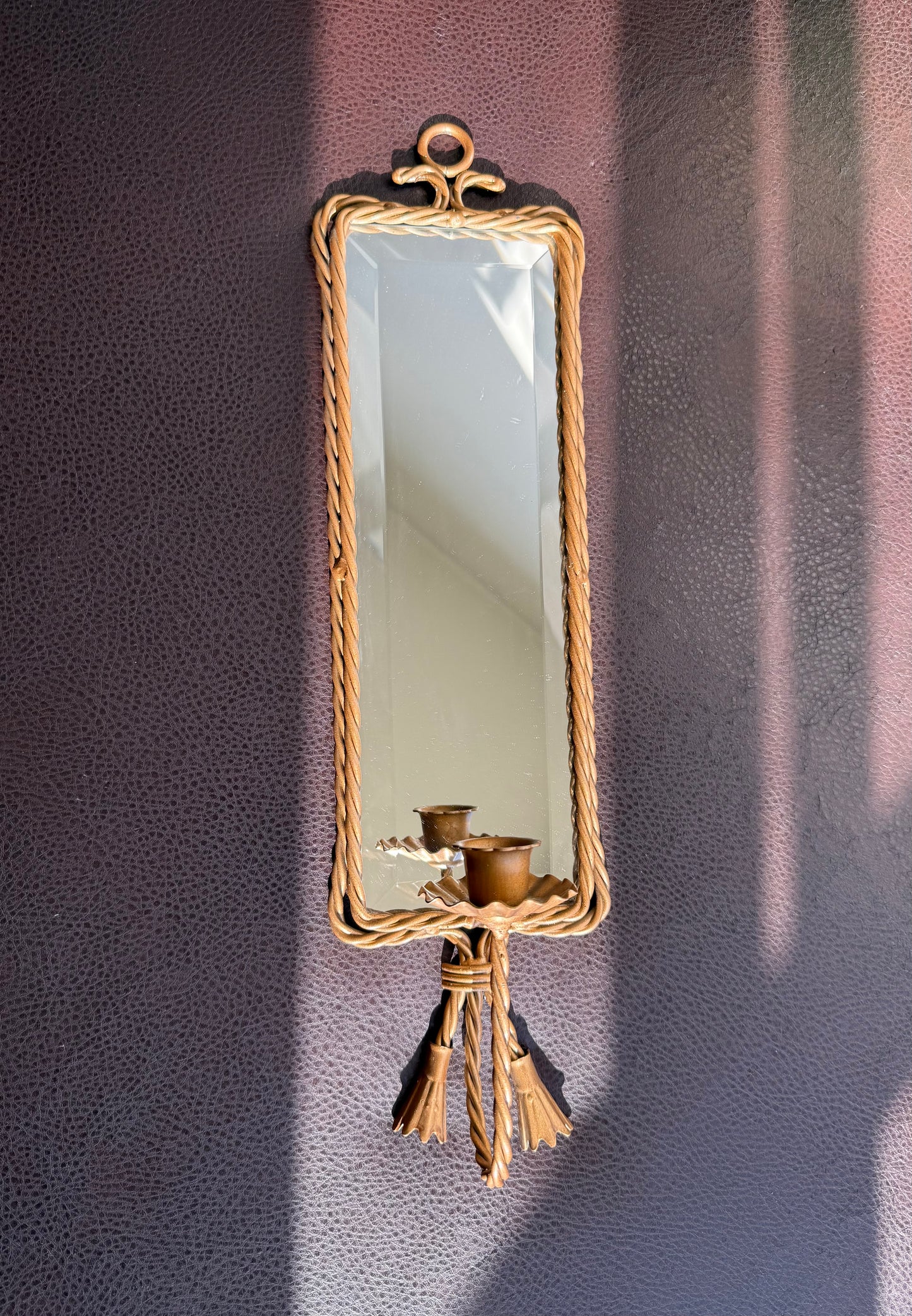 Vintage Square Long Mirror Gold Gilded Metal Frame and Rope Decoration with Tasseled Wall Candle Holder, Wall Sconce