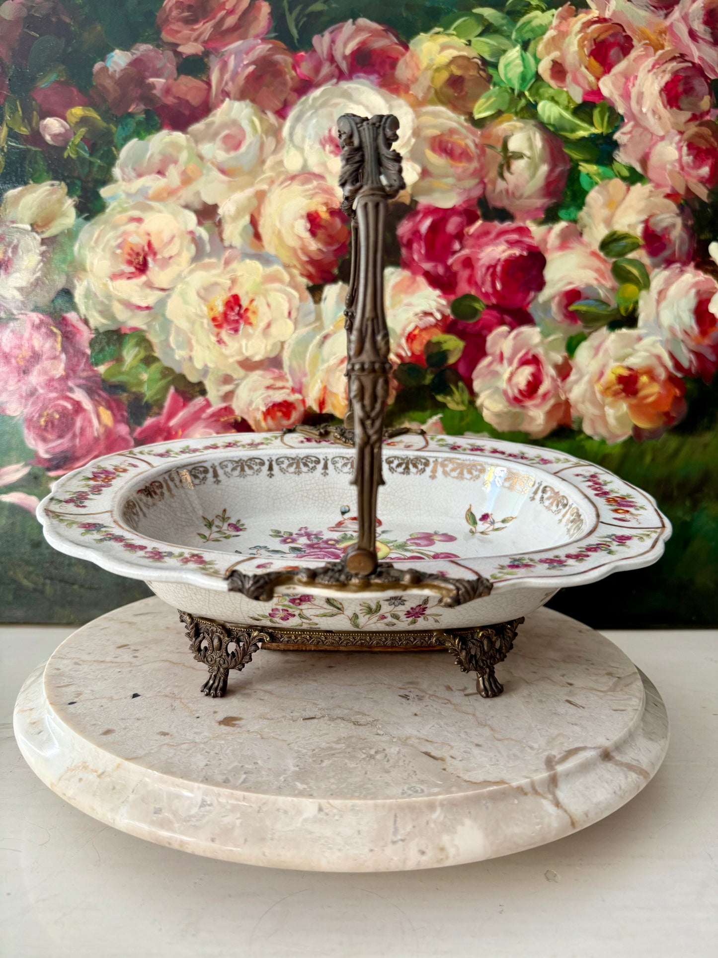 Porcelain Oval Crackle Glazed Vintage Basket Serving Dish with Decorative Bronze Handle, Floral Design and four Legs