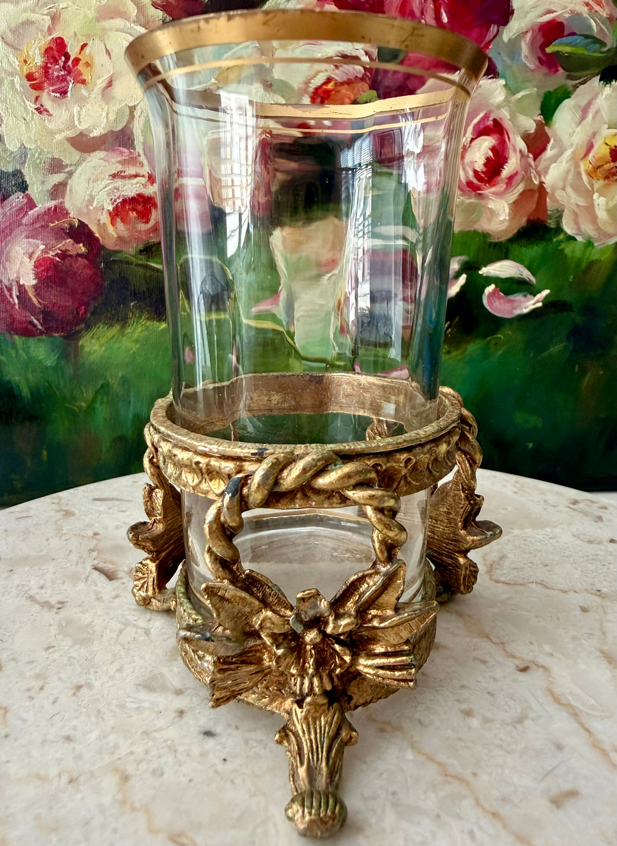 Vintage Hollywood Regency Italian Style Gold-plated Brass Ornate Floral Tumbler Stand with Glass Vase