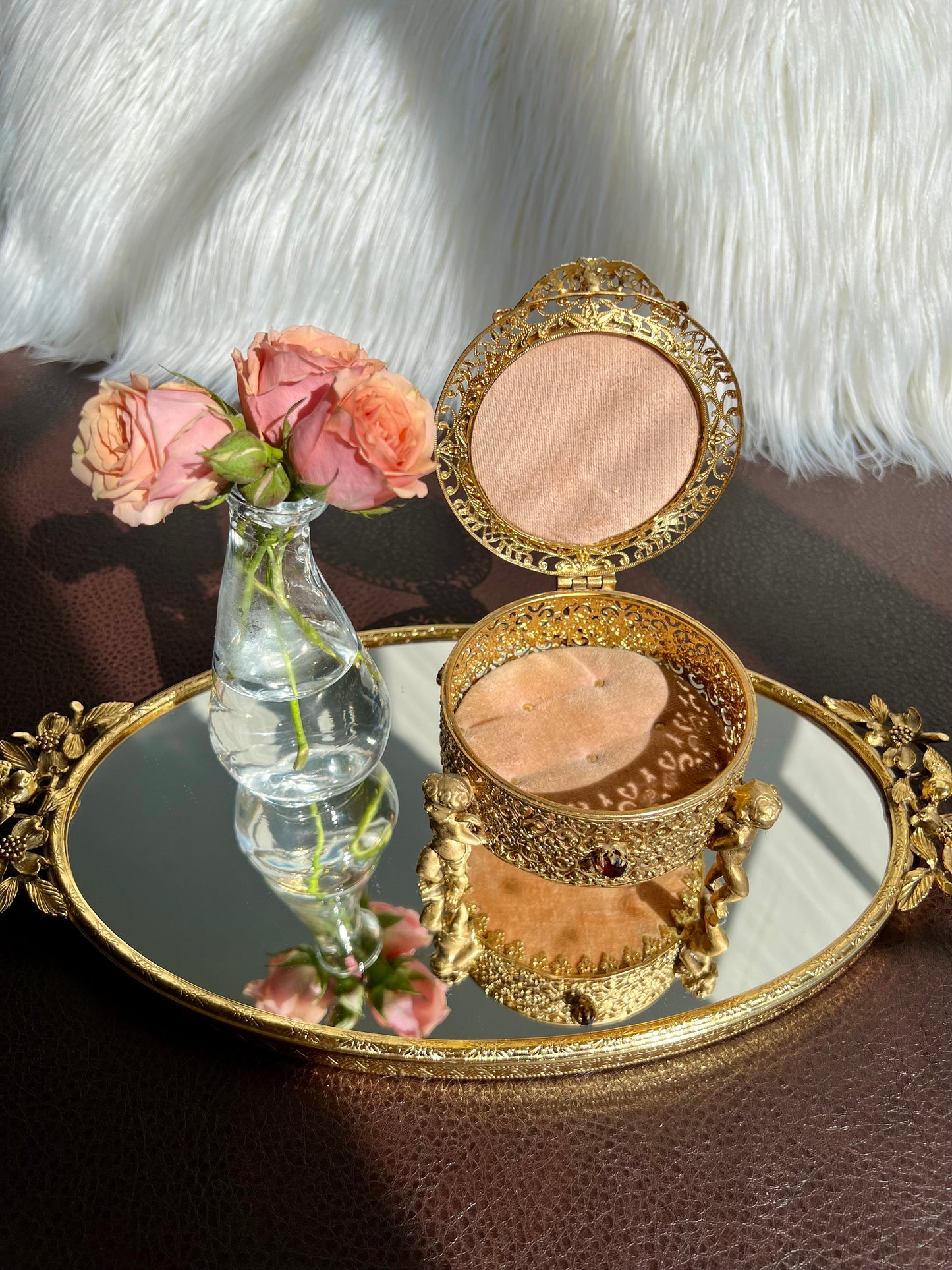 Three Footed Cherub Round Vintage Design Jewelry Casket/ Box with Pink Plush on the Top and Inside & Burgundy Red Stones Decoration