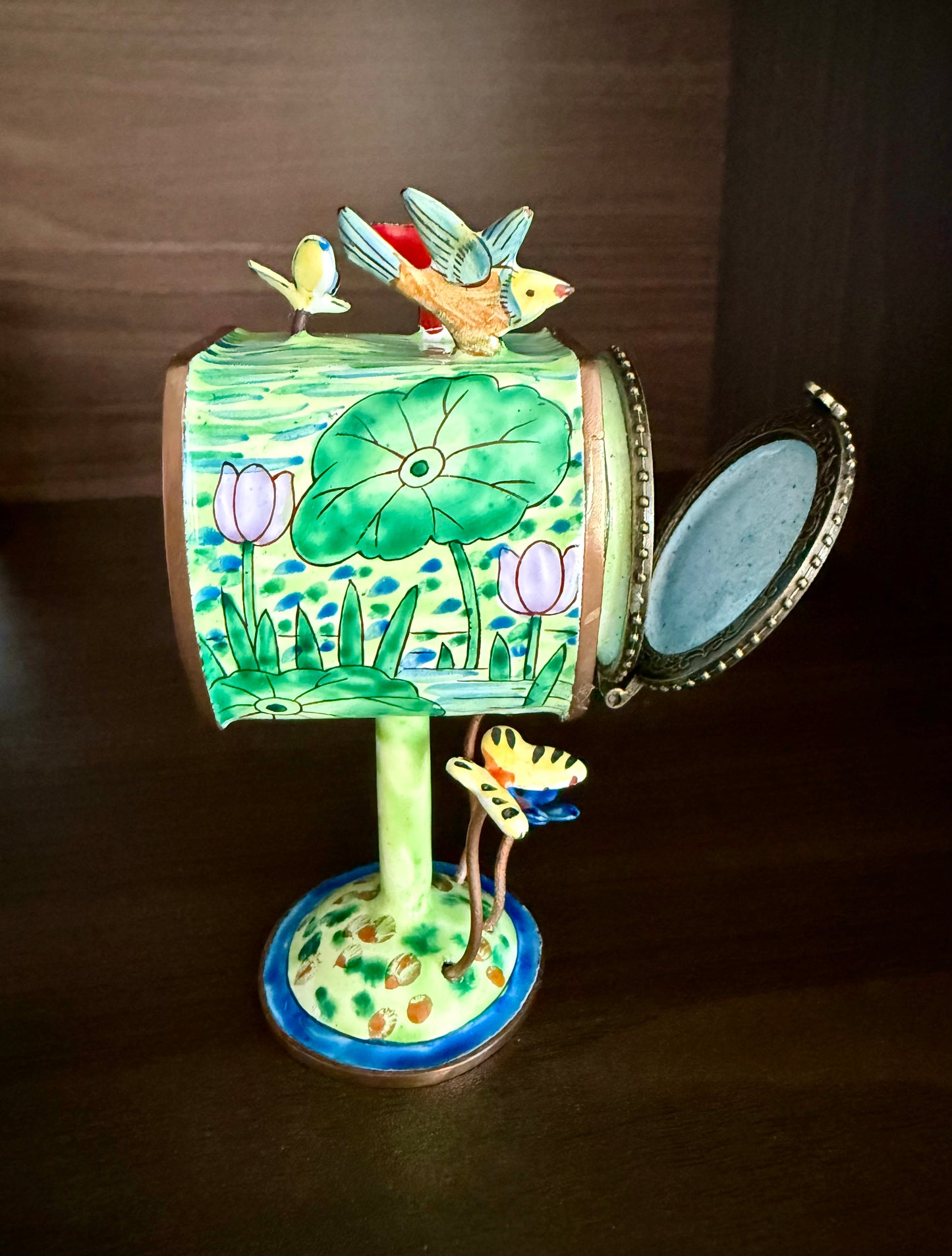 Vintage Hand-Painted Enamel on Copper Miniature Kelvin Chen Mailbox, Trinket Box and Stamps Holder - Numbered