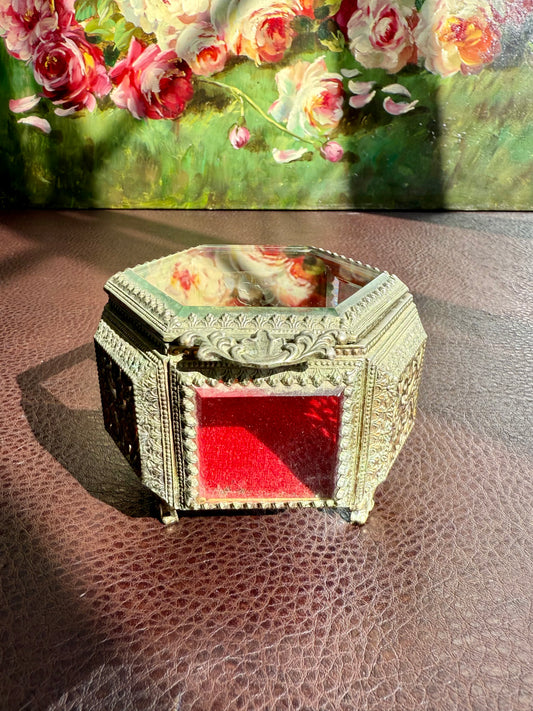 Hollywood Regency Style Vintage Hexagonal Jewelry/ Trinket Box with Red Velvet Interior, Gold-tone Filigree, Heavy Beveled Glass Lid