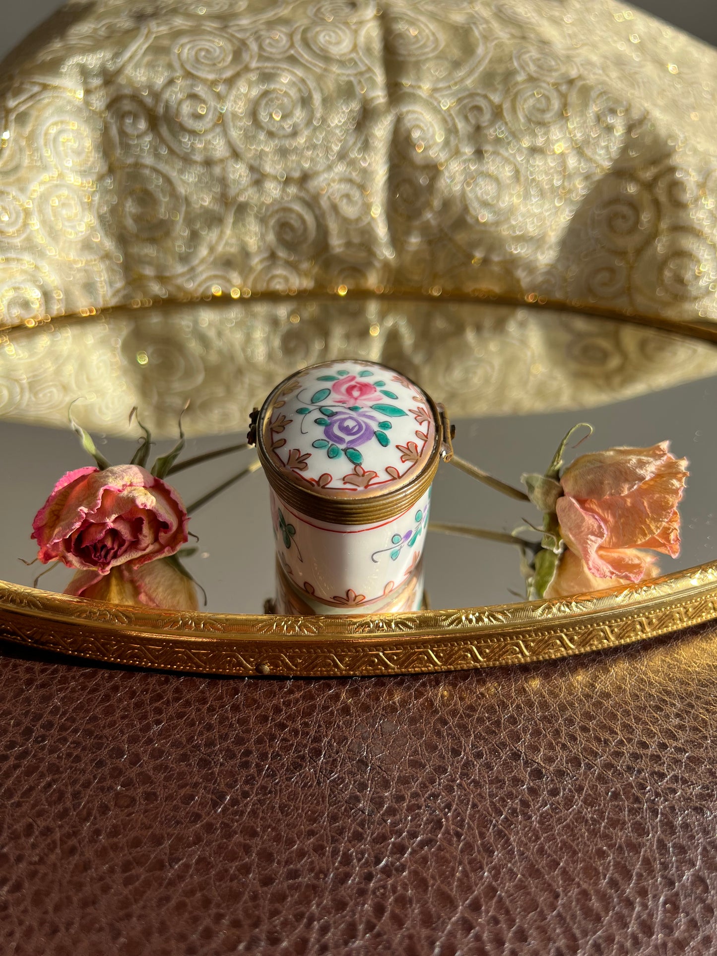 Antique/ Vintage French Oval Porcelain Miniature Jewelry or Pill Box with Decorative Floral Motifs - Double Red LL and ‘Made in France’ Marks on the Bottom