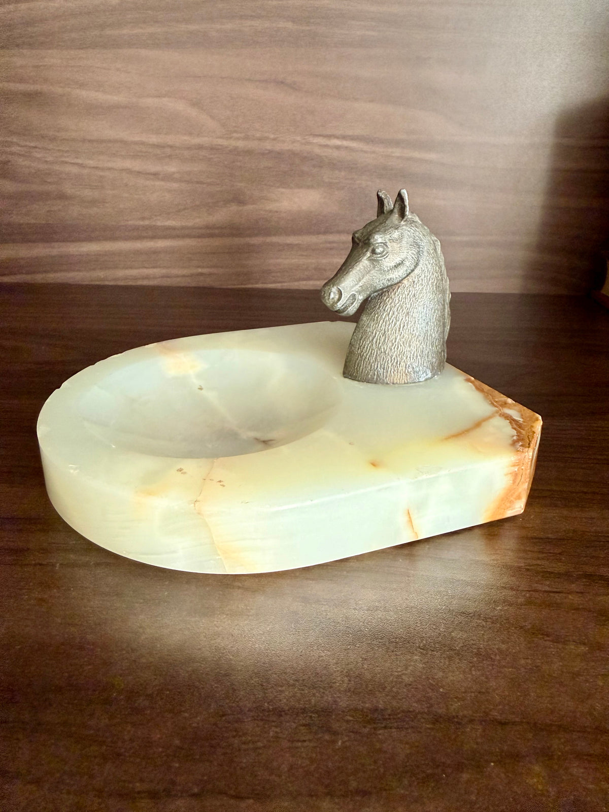 Antique Art Deco Style Bronze Horse Head Statue on Marbel or Green Onyx Ashtray