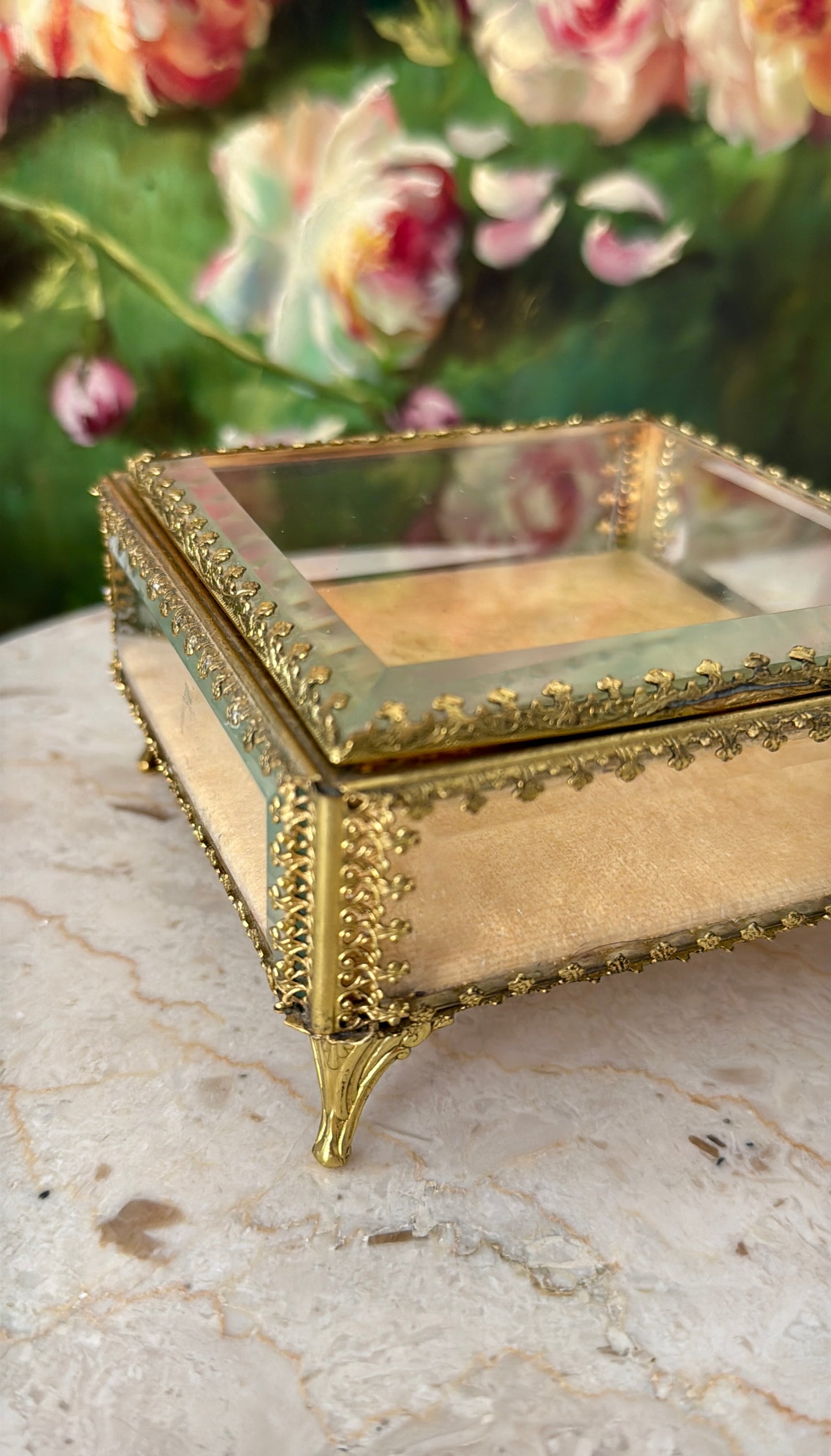 French Style Beveled Glass Vintage Brass Footed Jewelry Casket or Trinket Box from the 1950s