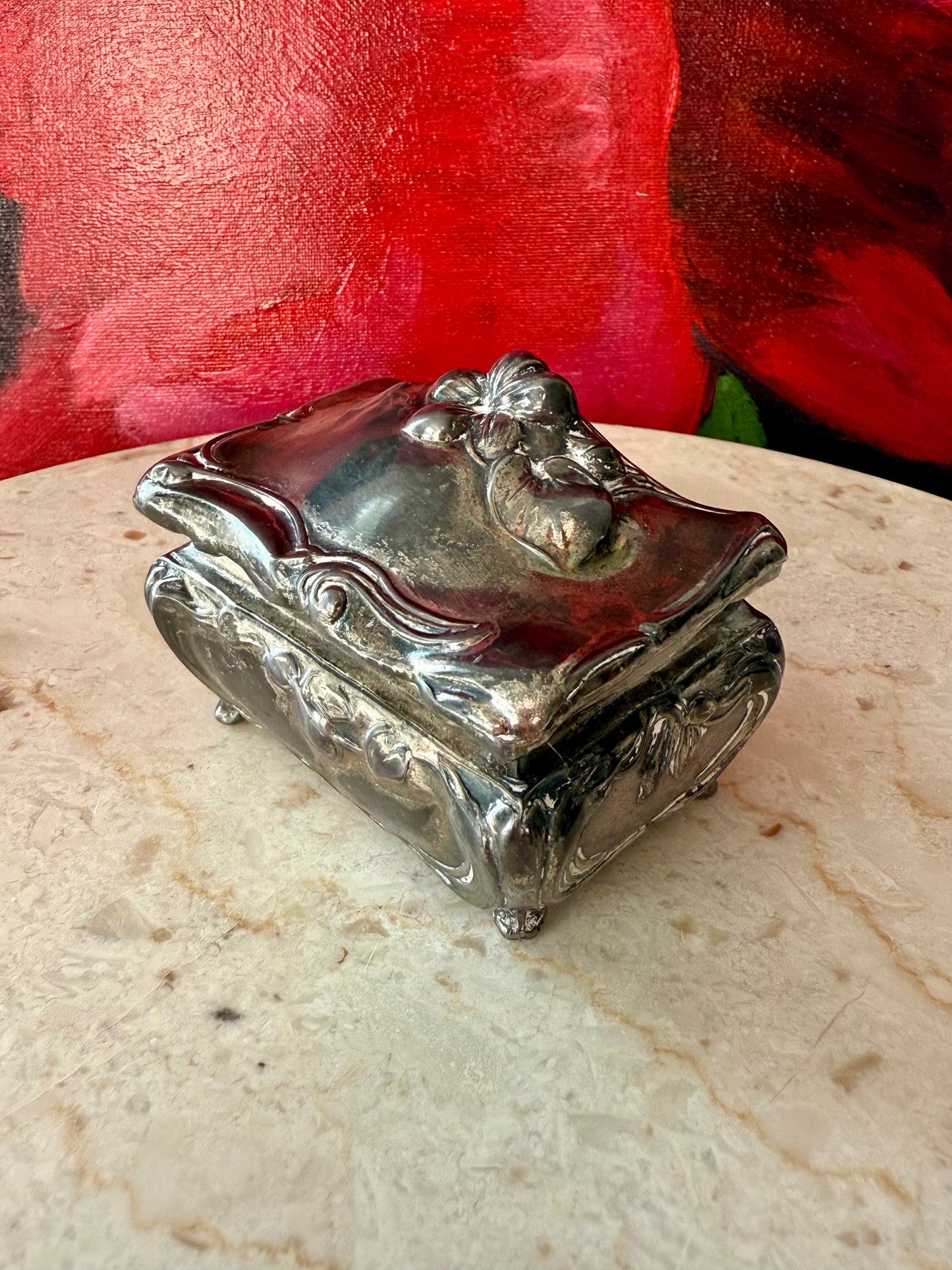 Art Nouveau Style Vintage Metal Floral Casket Jewelry Box, from Early 20th Century, Made by Jennings Brothers (JB 181)