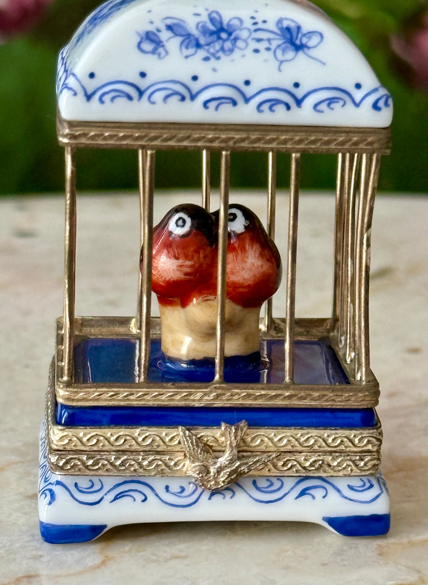French Limoges Hand-painted Vintage Porcelain Love Birds in Cage Trinket/ Pill or Jewelry Box
