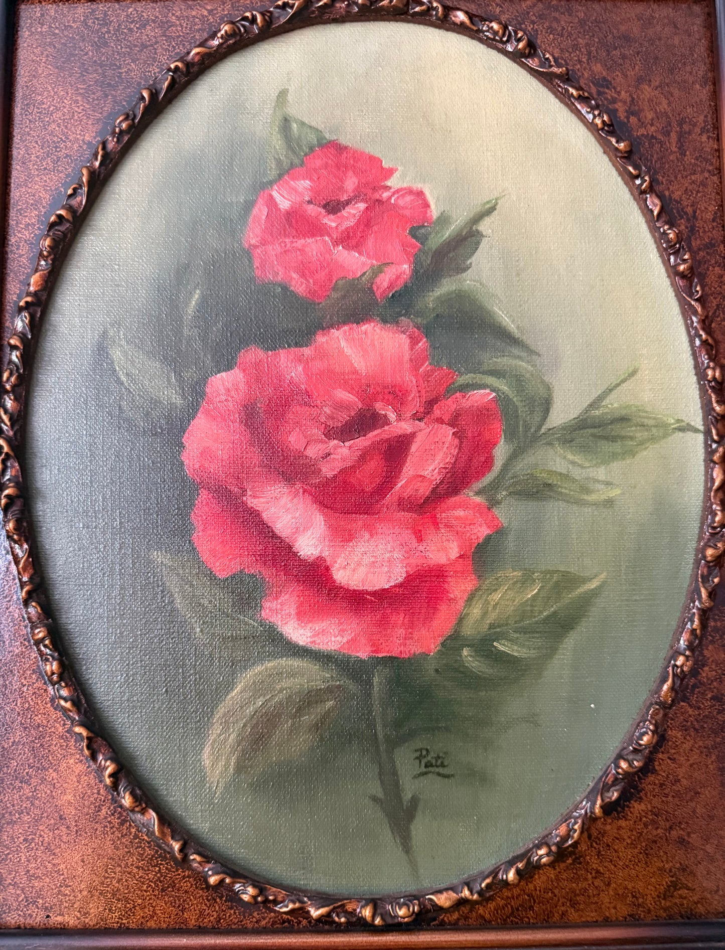 Vintage Oil Painting Red Roses on Canvas in Wooden Frame Signed by the Artist