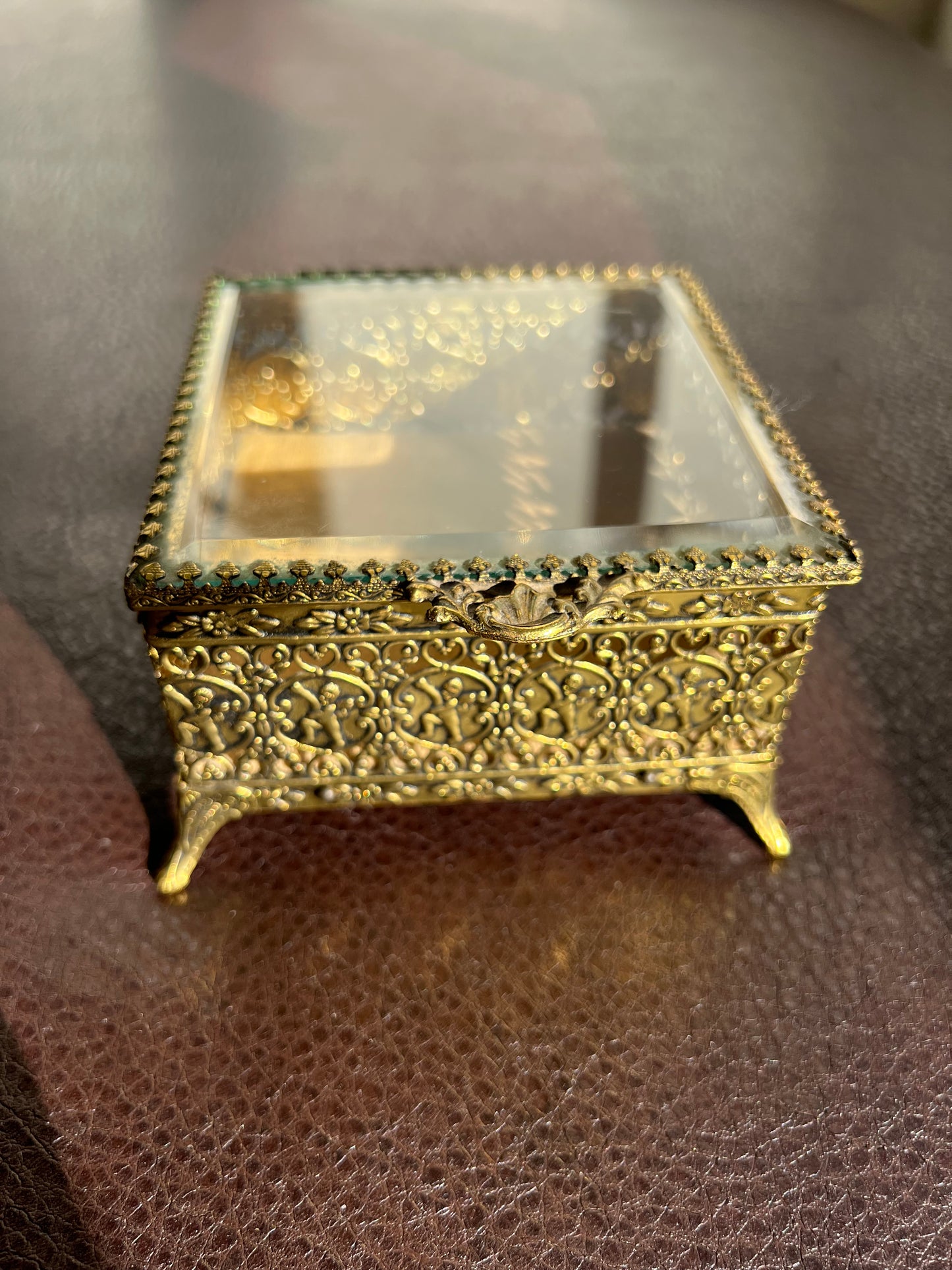 Gold Plated Filigree Ormolu Vintage Jewelry Box Square Footed with Velvet Lining Hinged Lid, Hollywood Regency StyleBuilt Style