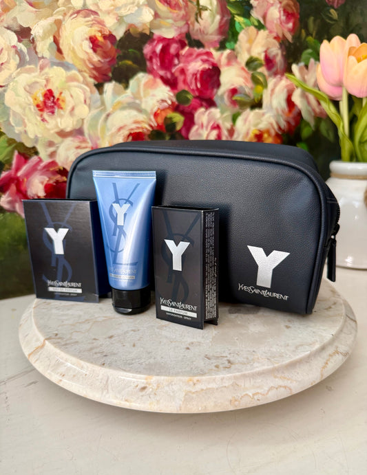 YSL, Yves Saint Laurent Y Eau de Parfum Gift Set, with Two Perfume Samples, a Shower gel, and Matching Pouch