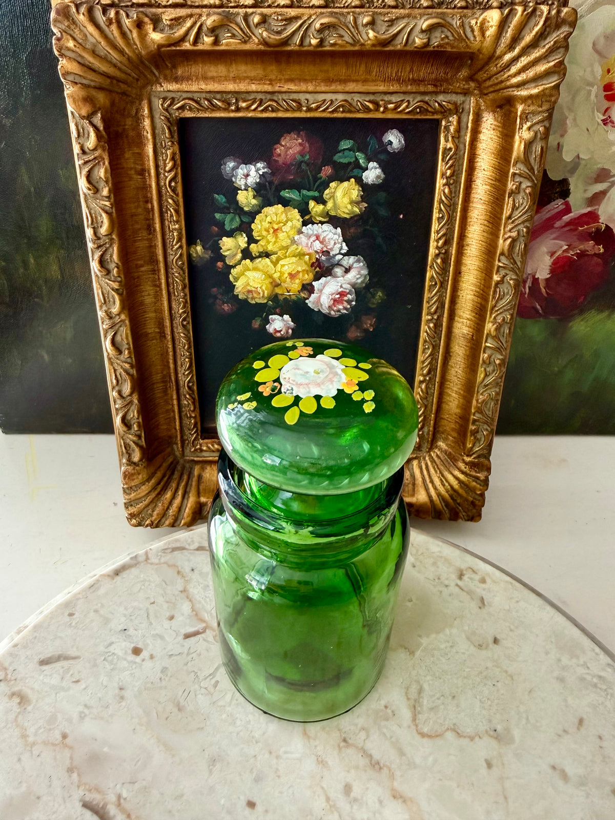Emerald Green Vintage Belgium Apothecary Jar Glass with Handmade Floral Painting on the Bubble Top Lid