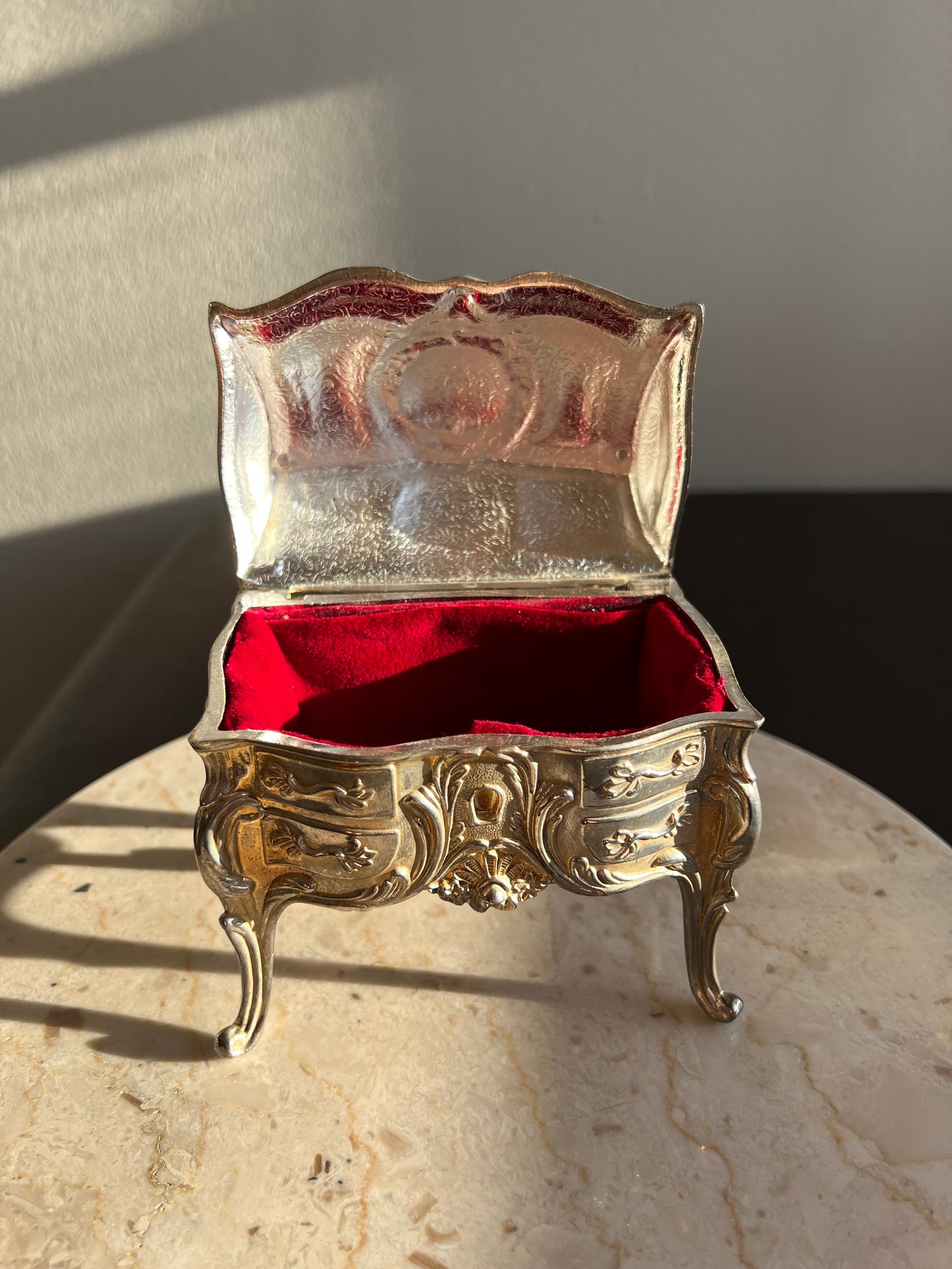 Art Nouveau Silver Plated Jewelry Casket Velvet Lined Romantic Antique/ Vintage French Style Trinket Ring Box