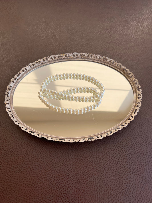 Decorative Oval Metal Filigree Small Vanity Mirror, Vintage Perfume Dresser, Makeup and Jewelry Tray from the Hollywood Regency Era