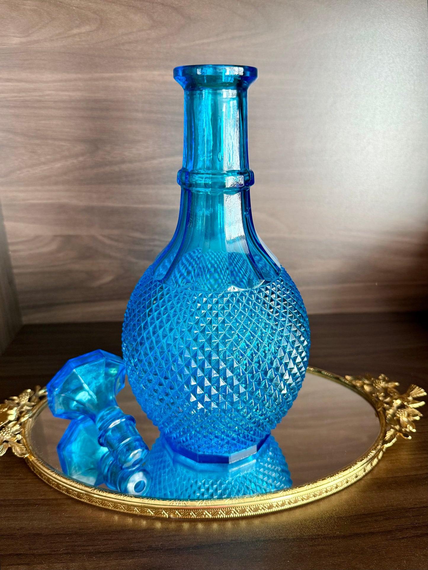 Mid-Century Italian Vintage Empoli-Style Blue Diamond Cut Glass Decanter Bottle