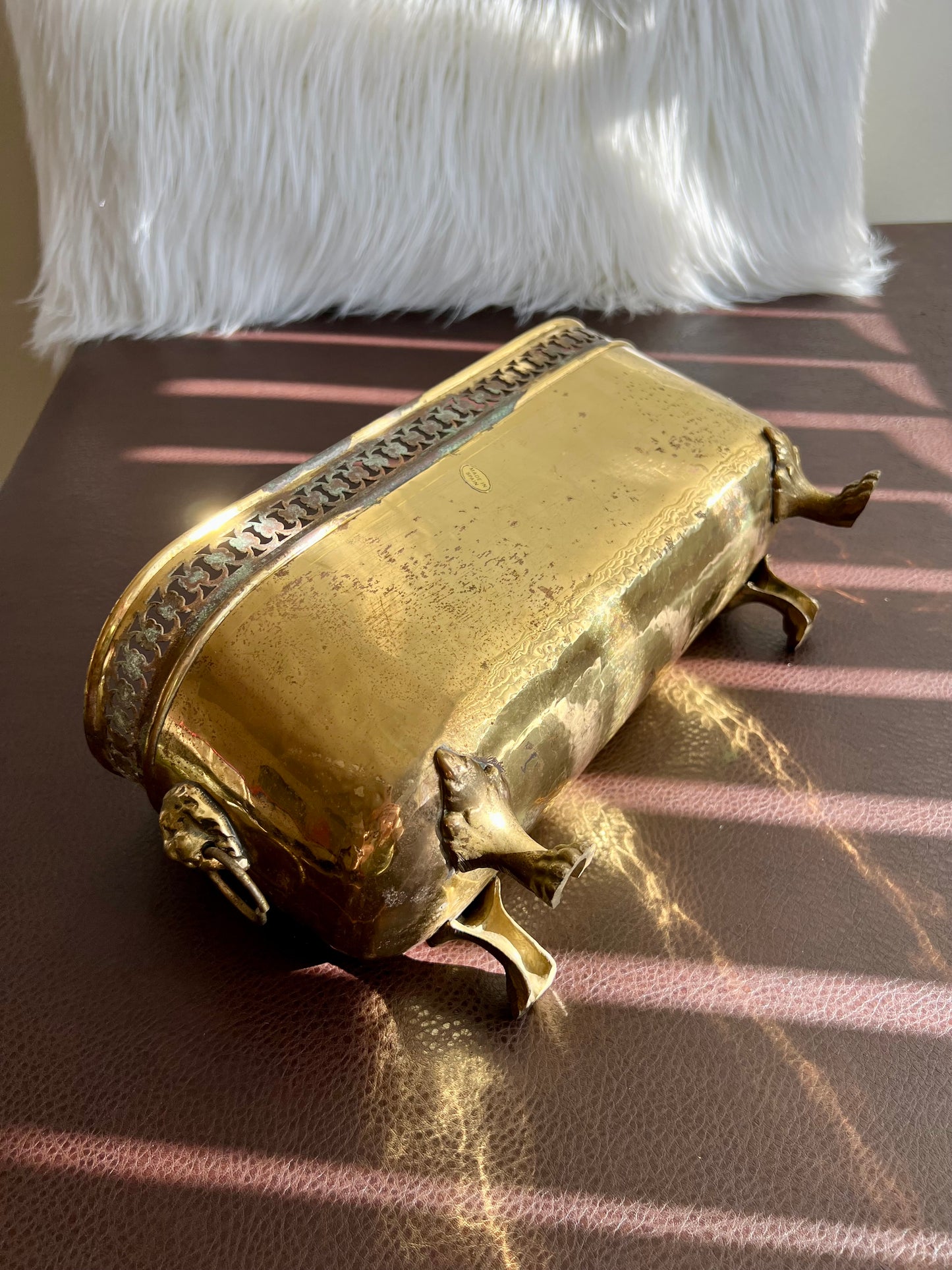 Antique/ Vintage Brass Planter Jardinière Ornate with Four Lion Paws Footed and Two Lion Heads with Rings