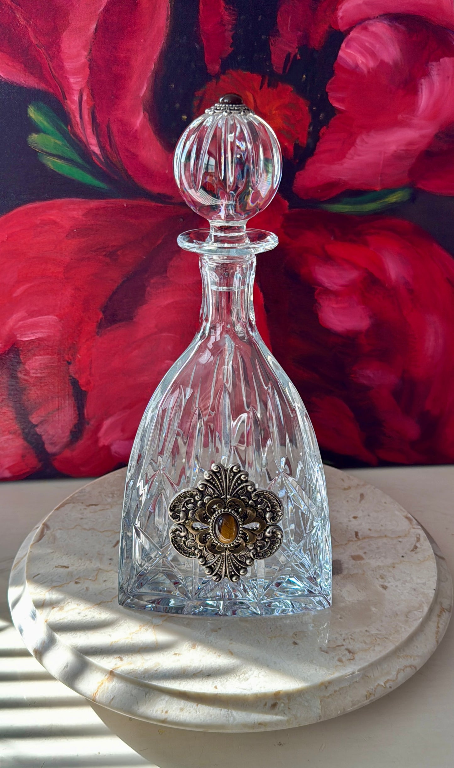 Ann Cichon Dallas Vintage Crystal Decanter with Stopper and Silver Tone Metal Jewels and Stones