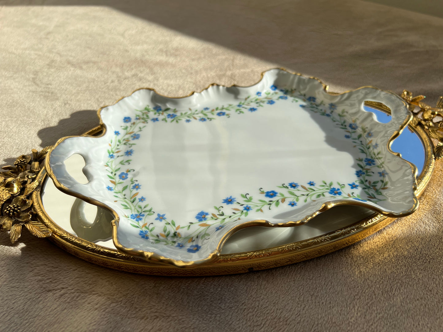 Limoges Vintage Chamart France Blue Floral and Gold Porcelain Tray