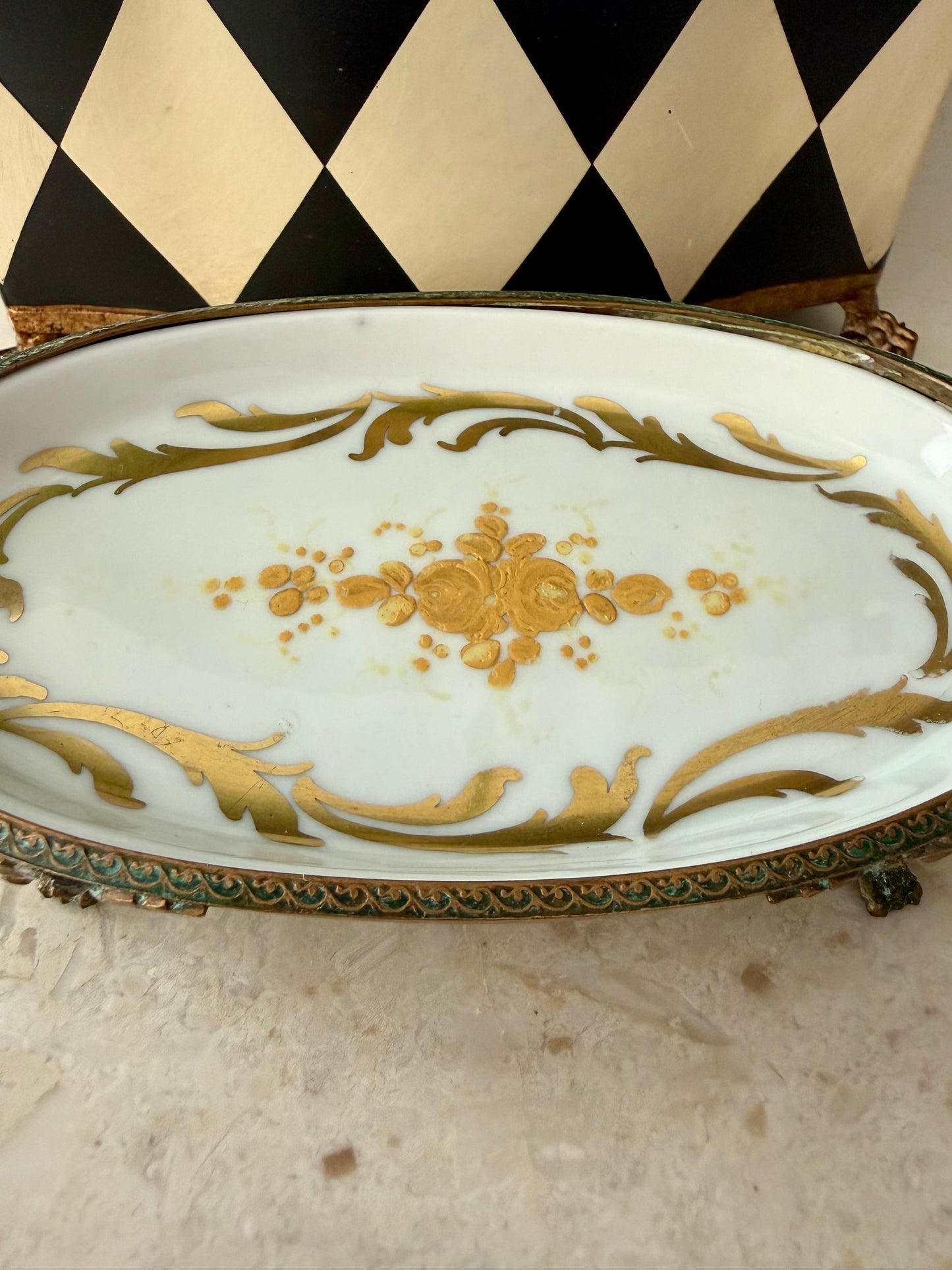 Antique Sévres Style Brass Footed and Hand-painted Oval Porcelain Decorative Soap Dish - Made in France