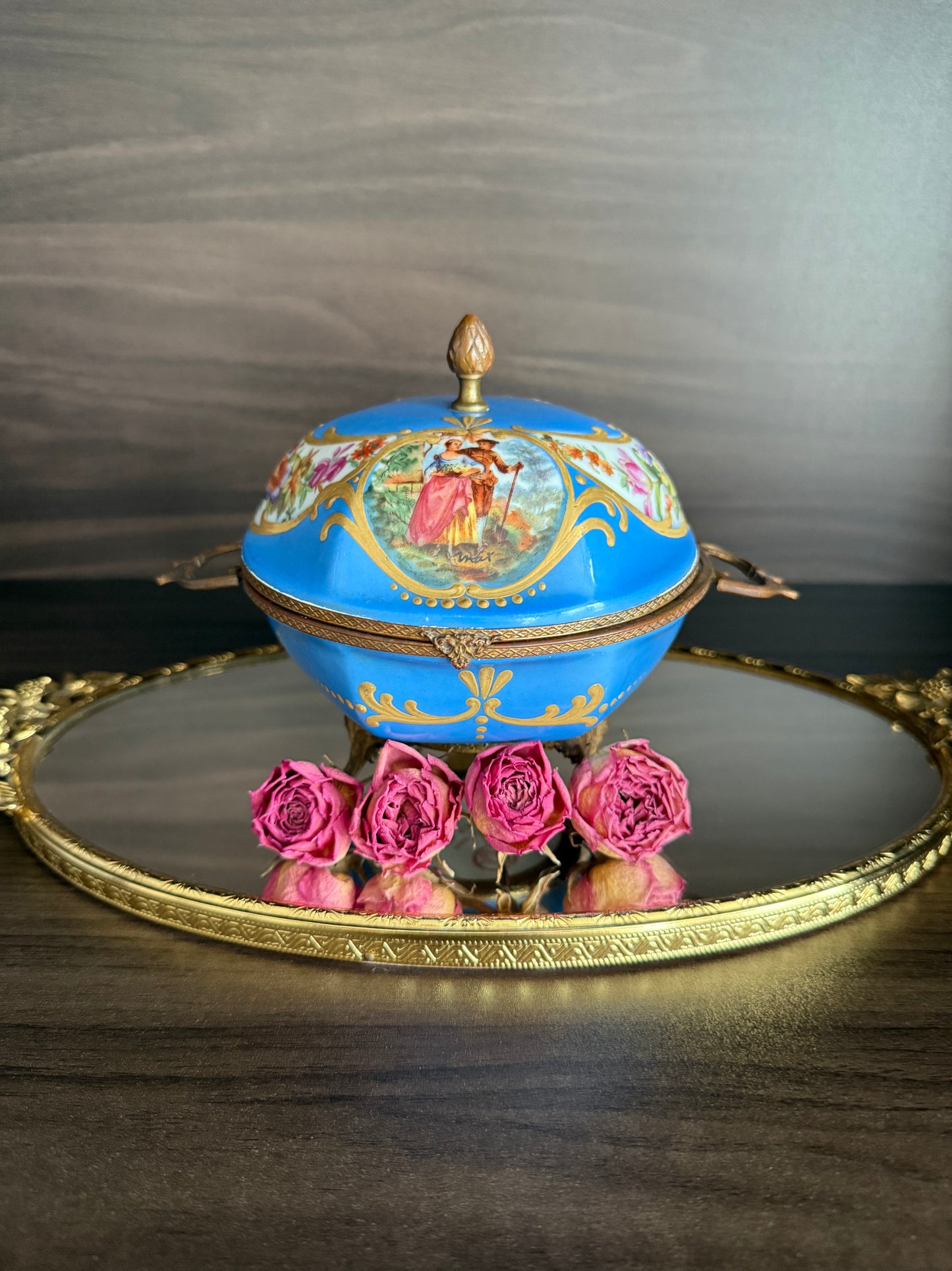 Antique Capodimonte Footed Hand Painted Blue Porcelain Dresser Box, Made In France