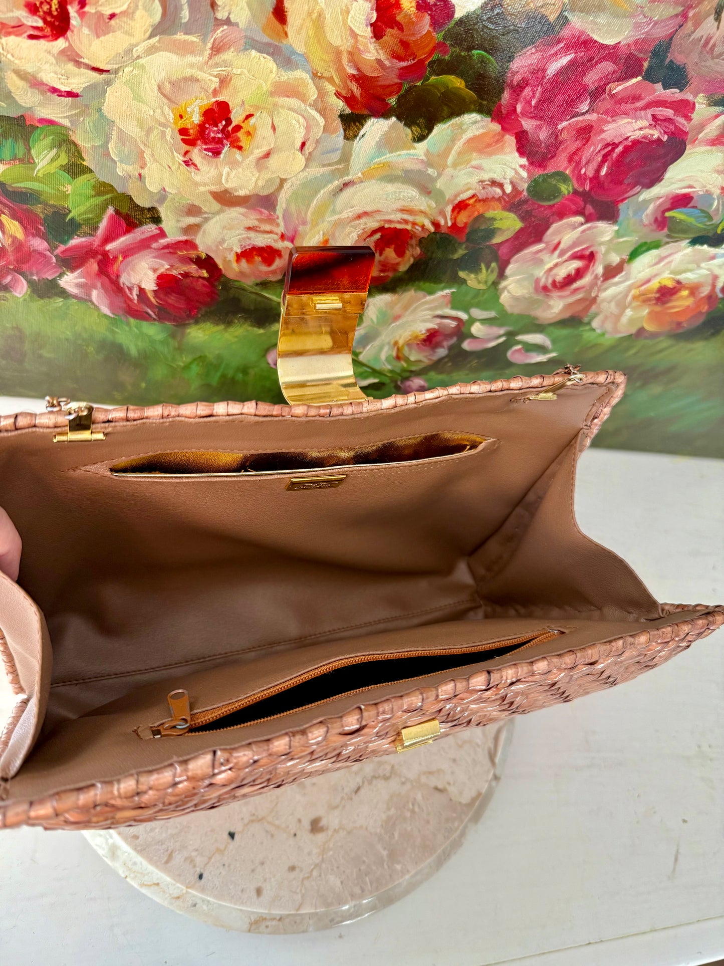 Vintage RODO Italian Style Glazed Wicker Purse or Clutch with Chain Shoulder Strap