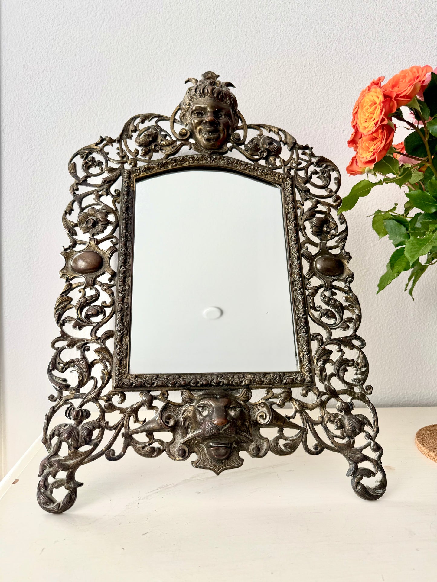 Antique Gilded Cast Iron Cherub and Lion Heads, Victorian French Style Ornate Vanity Table Mirror from Late 19th Century