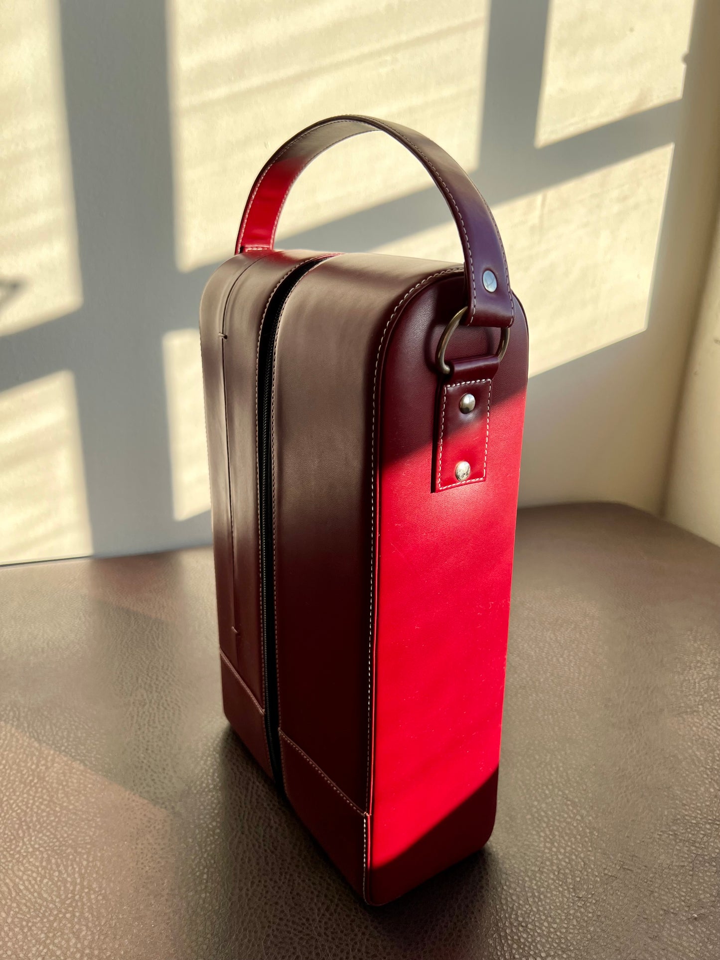 Leather Vintage Double Bottle Carrier Bag in Red Color with Zipper Case