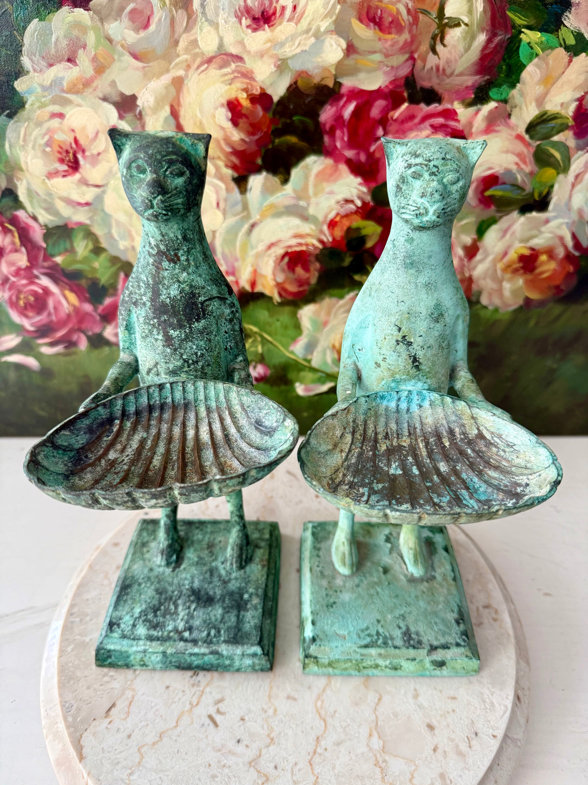 Antique Diego Giacometti-Style Patinated Bronze "Cat Butler" Statues, often used as Soap Dishes, Business Card Holders, or Trinket Trays - This price applies to a single item only!