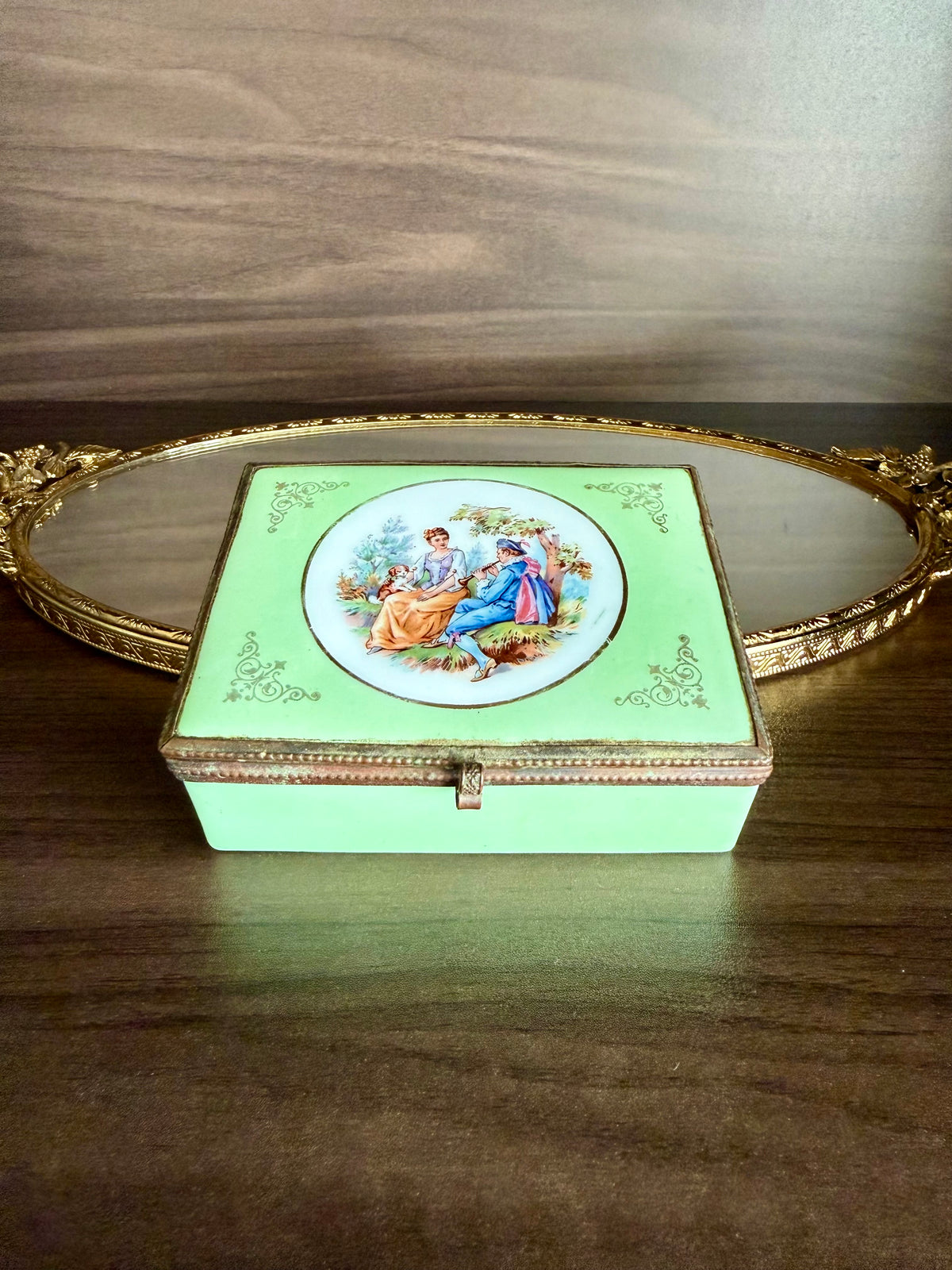 Antique European French Style Green Porcelain Jewelry or Trinket Hinged Box