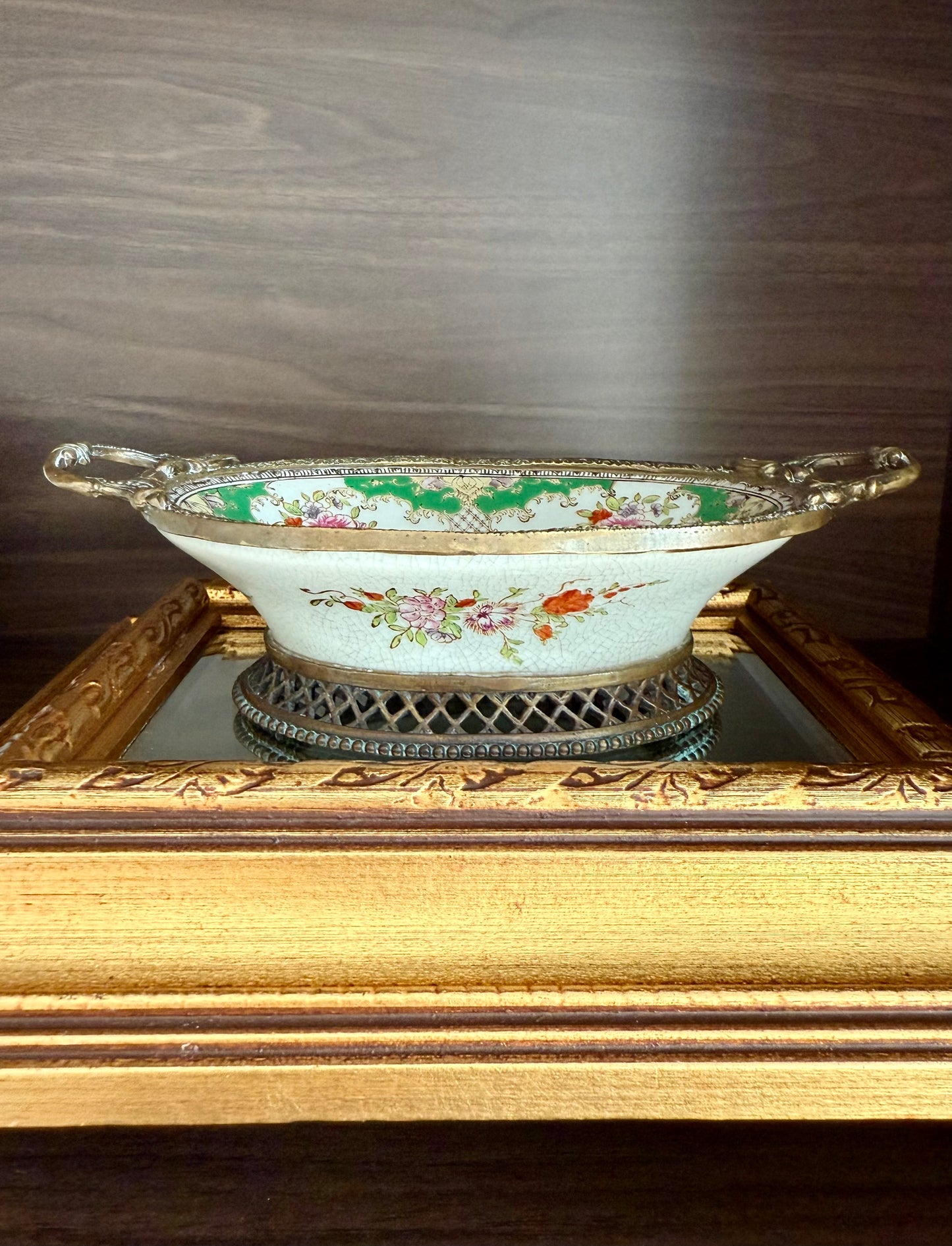 Vintage Floral Roses Motif Porcelain Oval Soap Dish with Brass Feet and Twin Handles