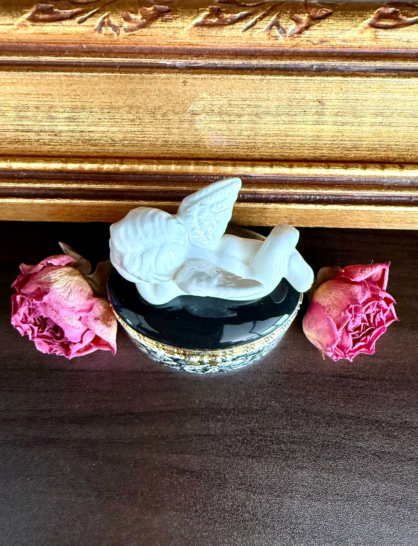 Angel Cherub Black and White Porcelain Vintage Mini Hinged Jewelry, Pill or Trinket Box