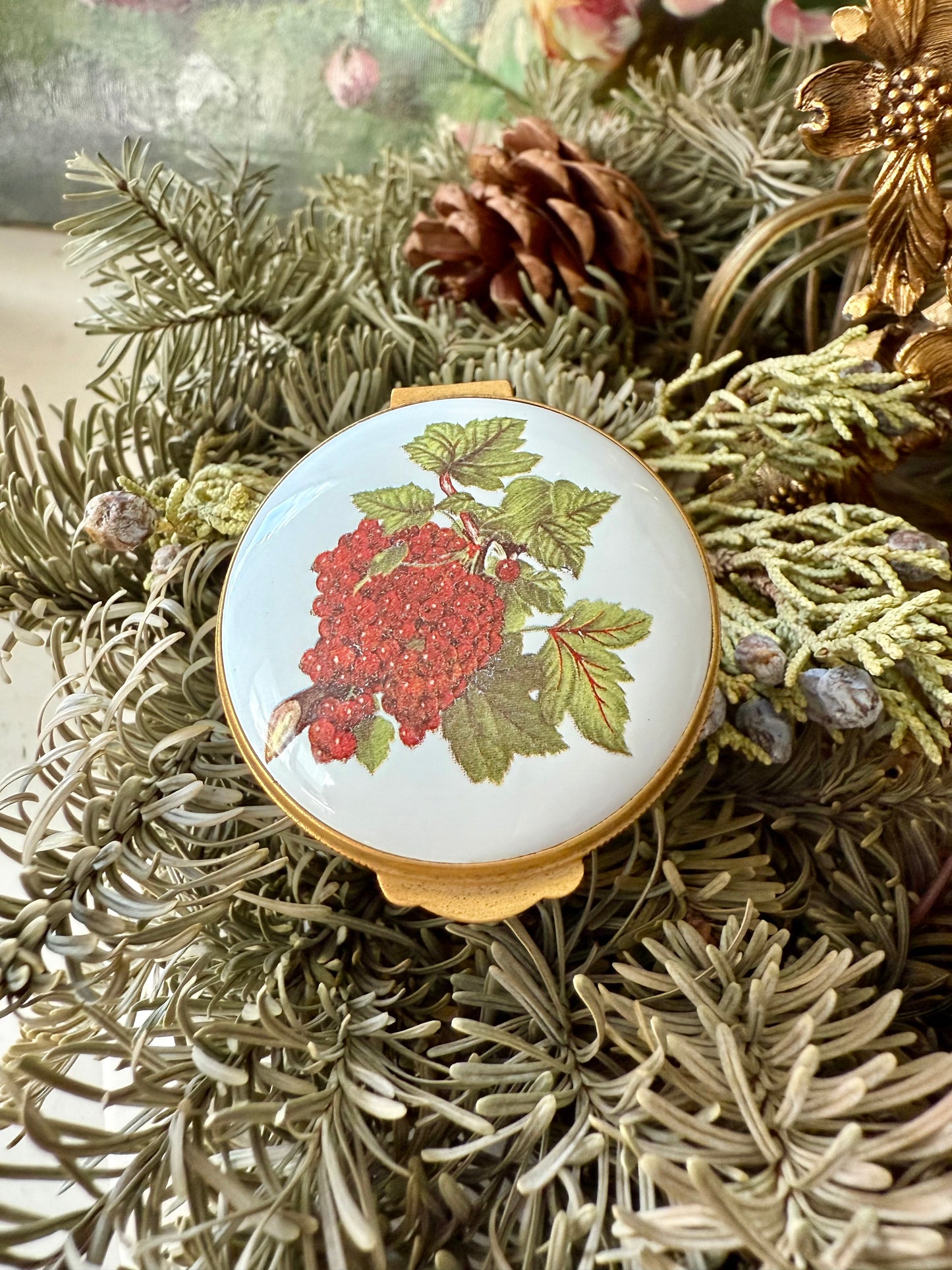 Vintage ‘The Red Currant’ Portmeirion Pomona Enamel Jewelry or Trinket Box, Made in England
