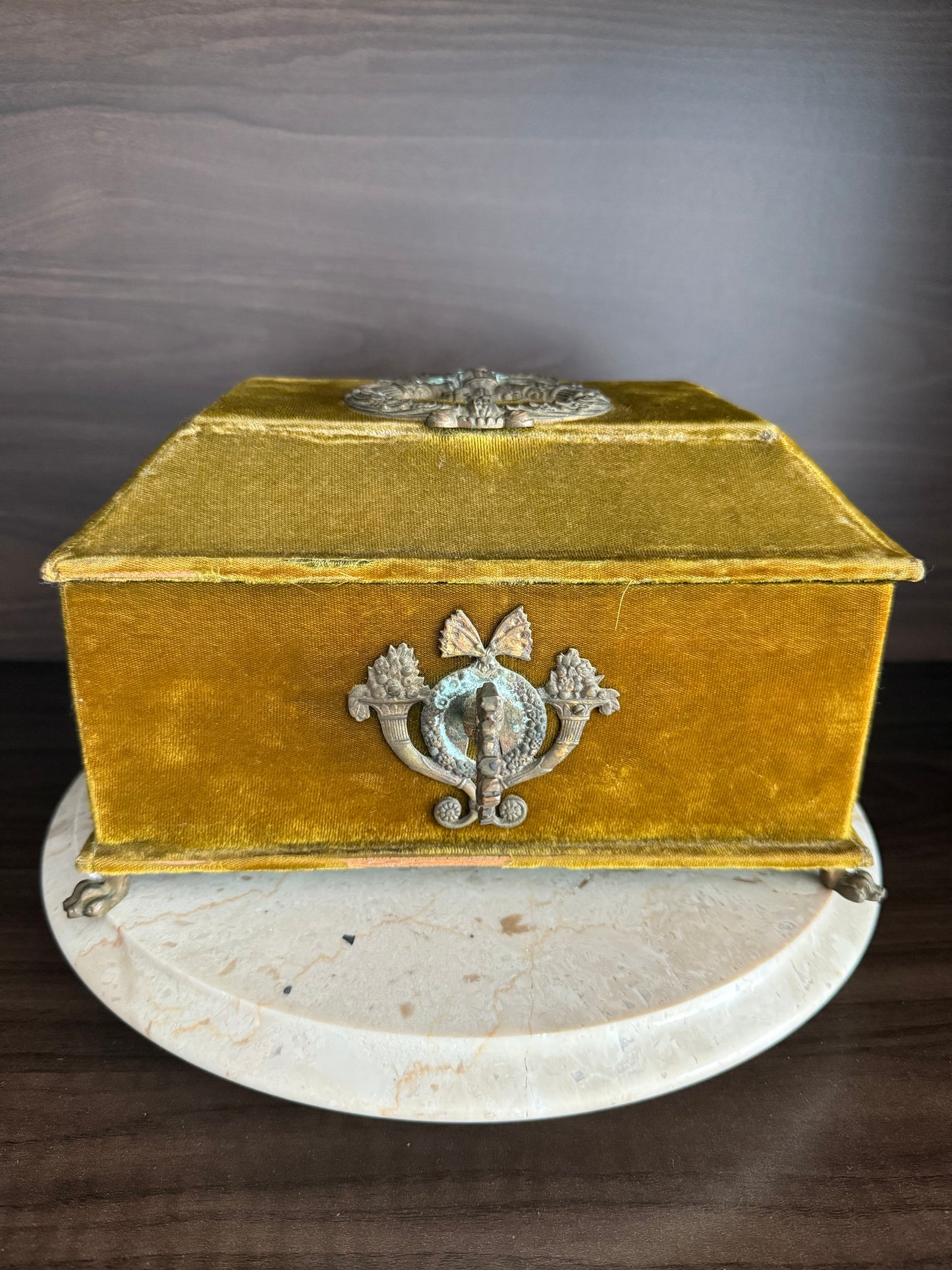 Antique Victorian Jewelry Box “Boudoir” or Sewing Box in Mustard/ Golden/ Green Velvet, Inside Blue Silk from the Early 20th Century