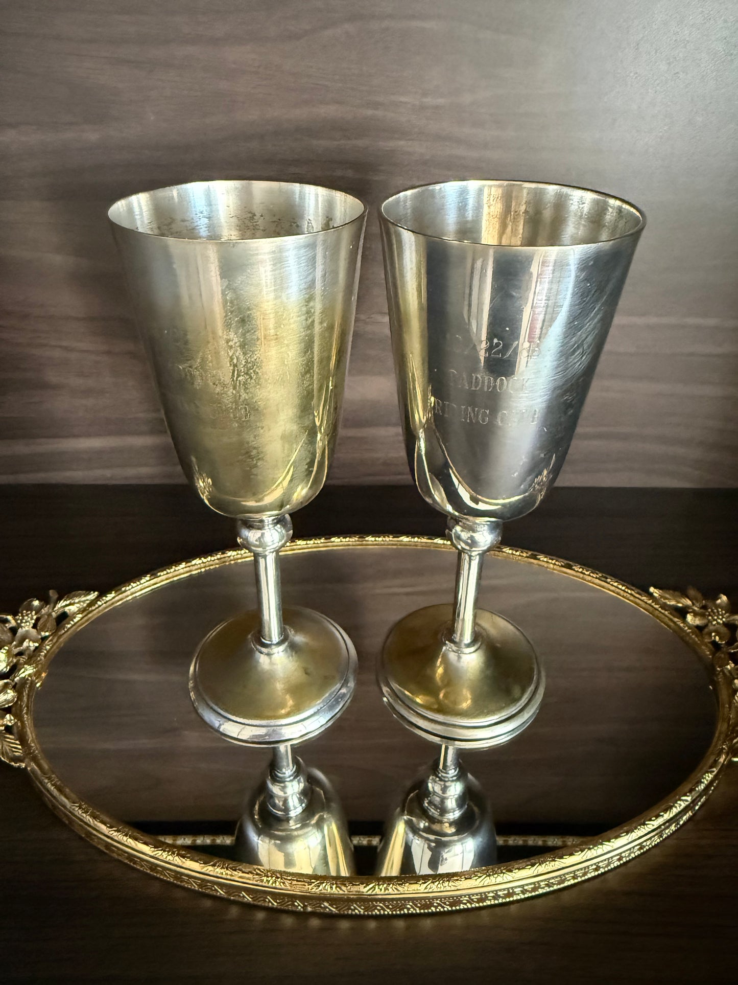 A Pair of Vintage Silver-Plated Wine Glasses with Long Stems and Slightly Flared Tops - these from the estate of Hollywood actor, writer, director, and producer Howard Storm