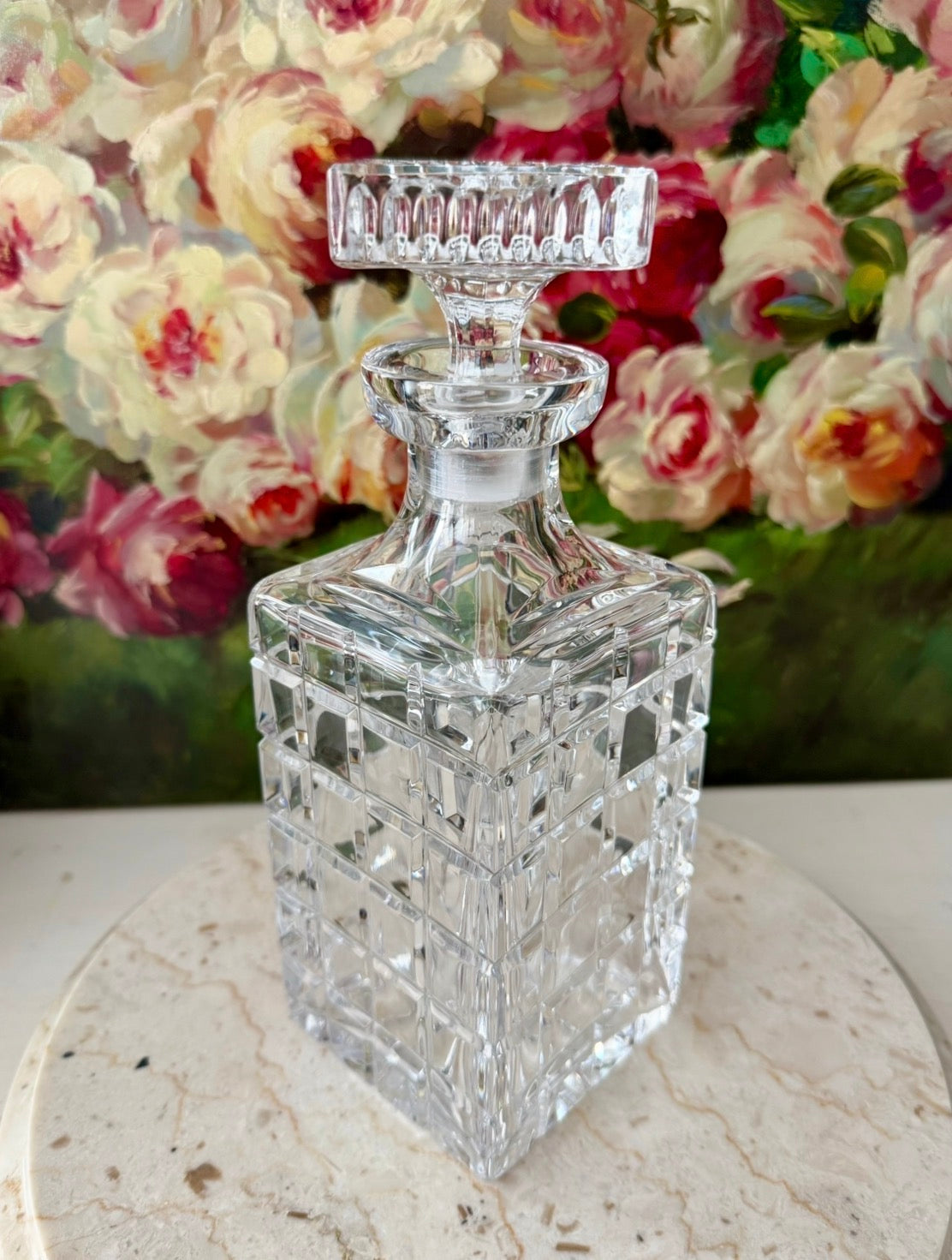 Atlantis Helsinki Style Vintage Cut Crystal Square Glass Whiskey Decanter with Stopper