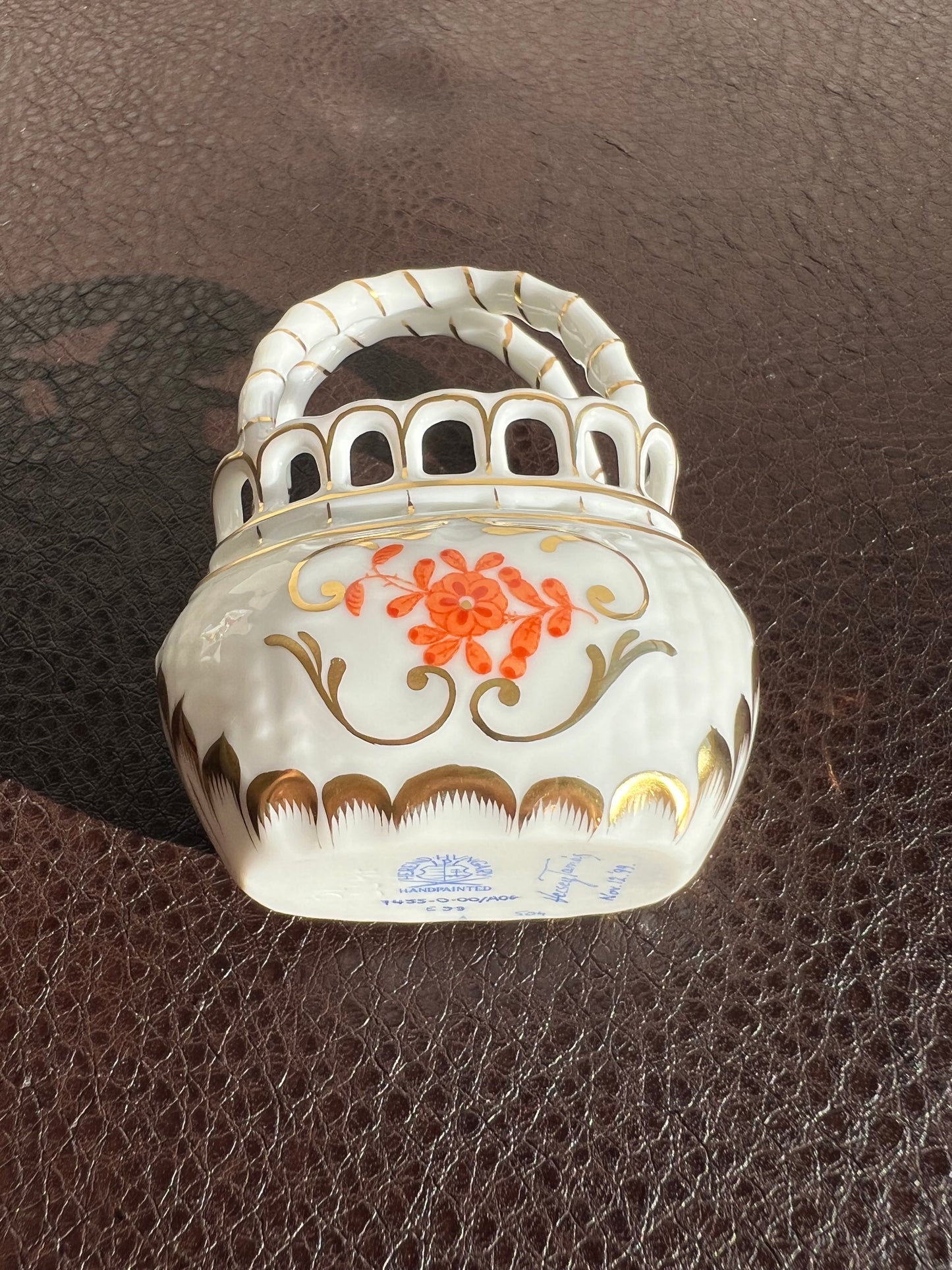 Herend Rust/ Orange Color Bouquet Reticulated Mini Porcelain Basket with Handle - Made in Hungary