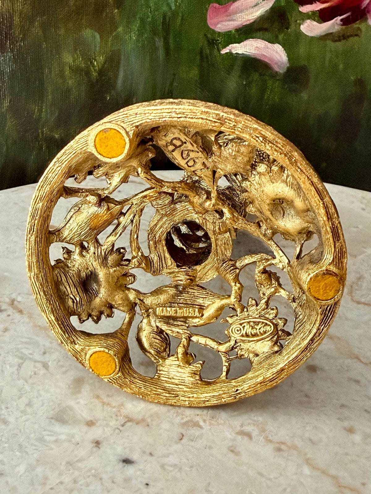 24k Vintage Matson Gold-plated Sunflower Brass Filigree Ormolu with Removable Glass Vase