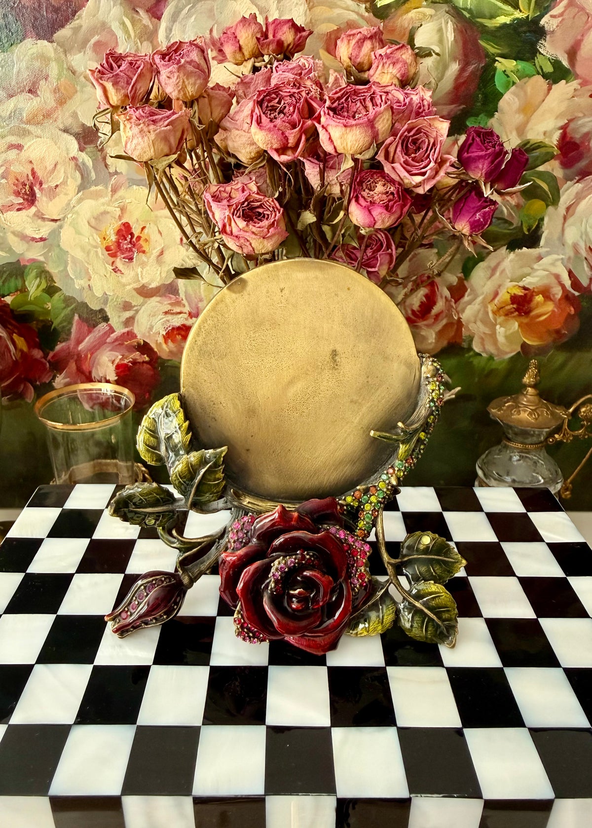 Jay Strongwater Red Rose Enamel Vintage Picture Round Frame with Sparkling Swarovski Crystals - Jewels for Home Rose