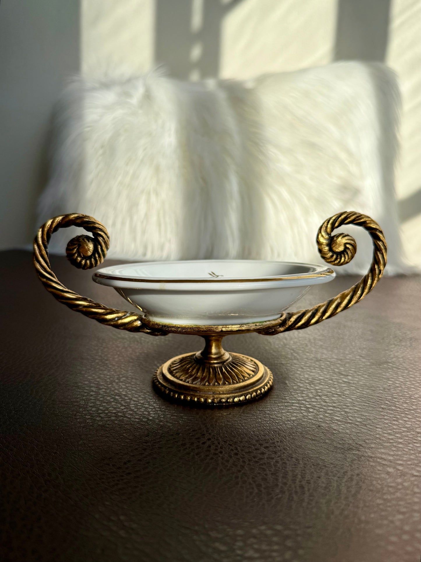 Vintage Victorian Style Porcelain Oval Soap Dish with Gilded Brass Handles